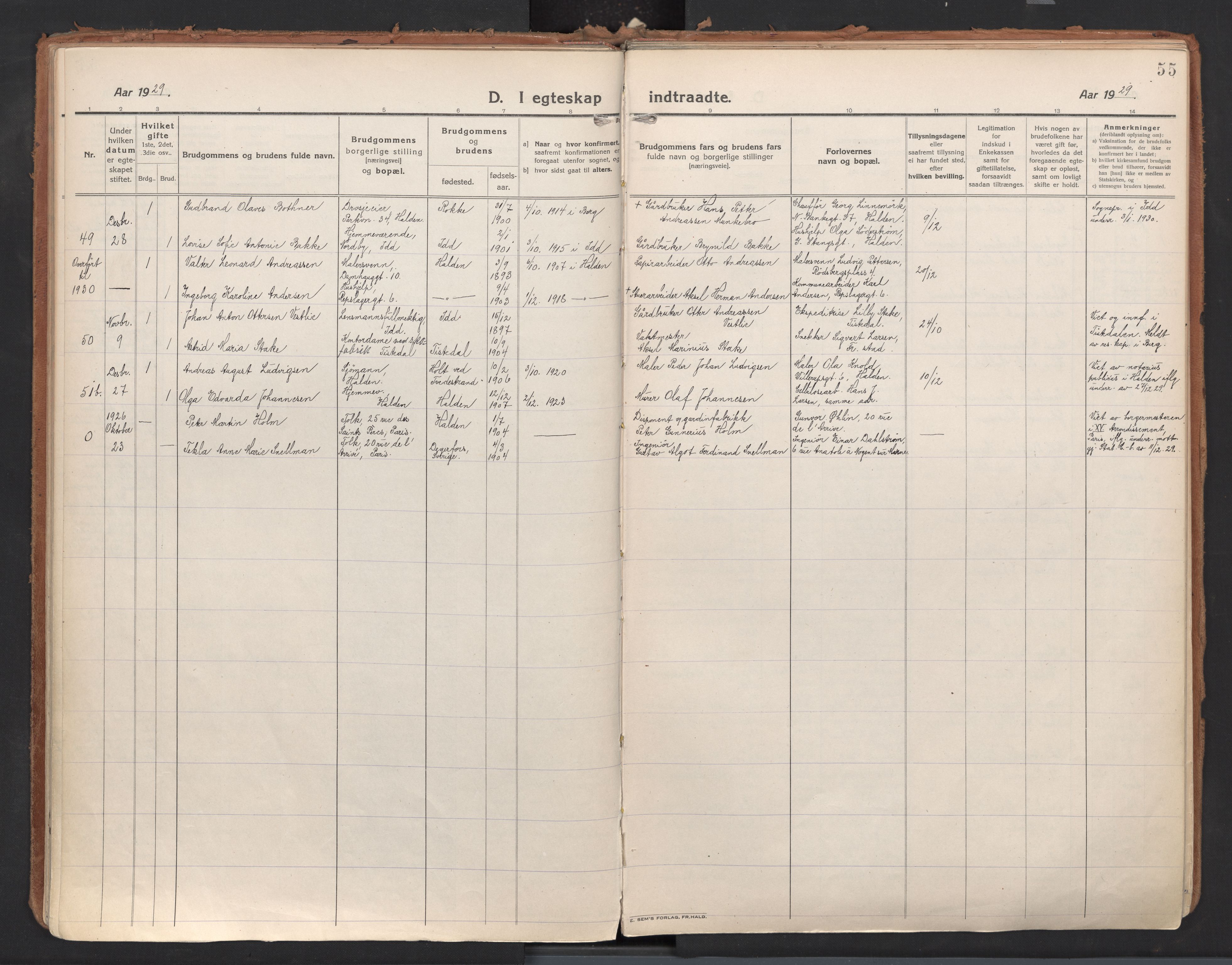 Halden prestekontor Kirkebøker, AV/SAO-A-10909/F/Fa/L0017: Parish register (official) no. I 17, 1921-1945, p. 55