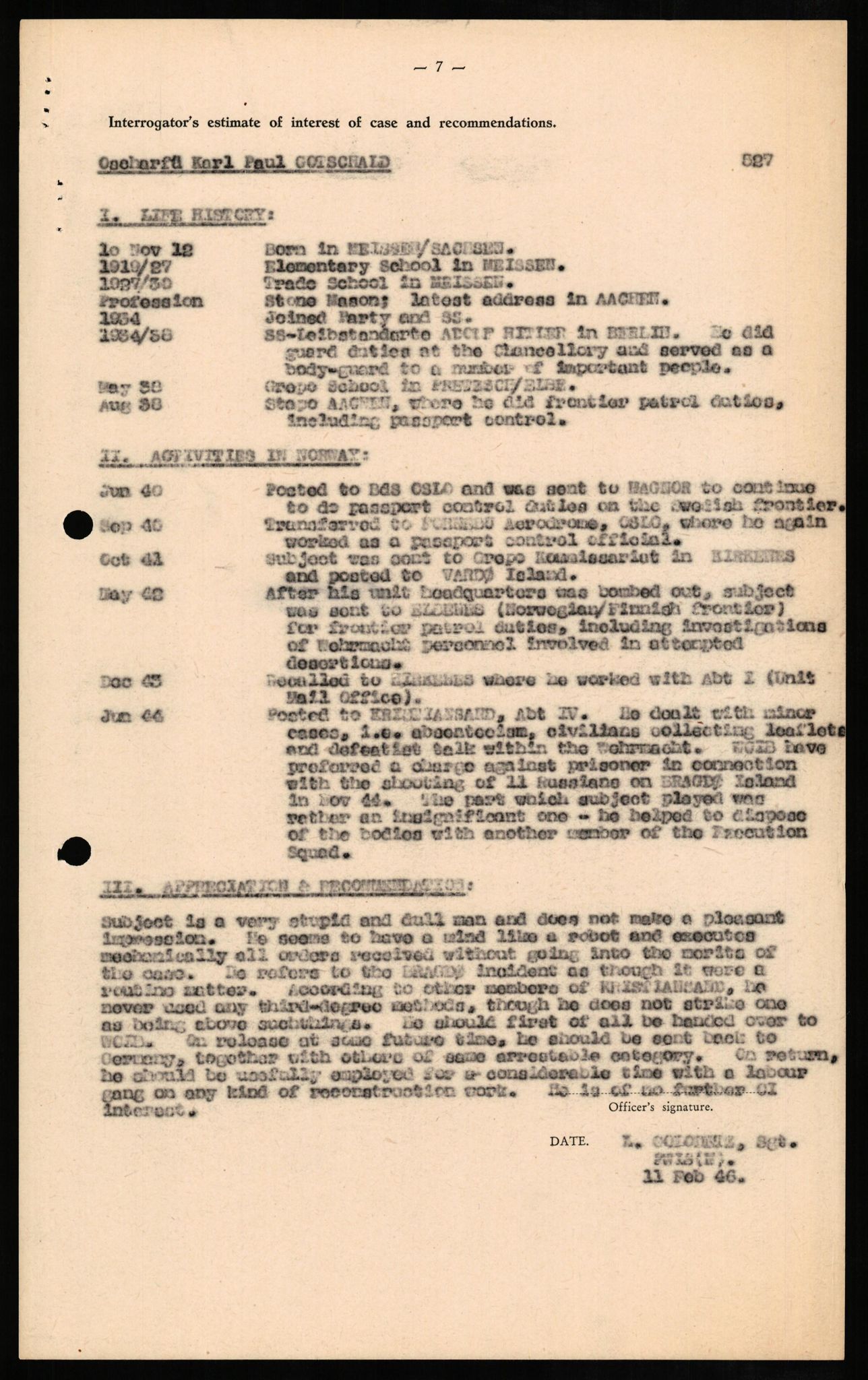 Forsvaret, Forsvarets overkommando II, AV/RA-RAFA-3915/D/Db/L0010: CI Questionaires. Tyske okkupasjonsstyrker i Norge. Tyskere., 1945-1946, p. 103