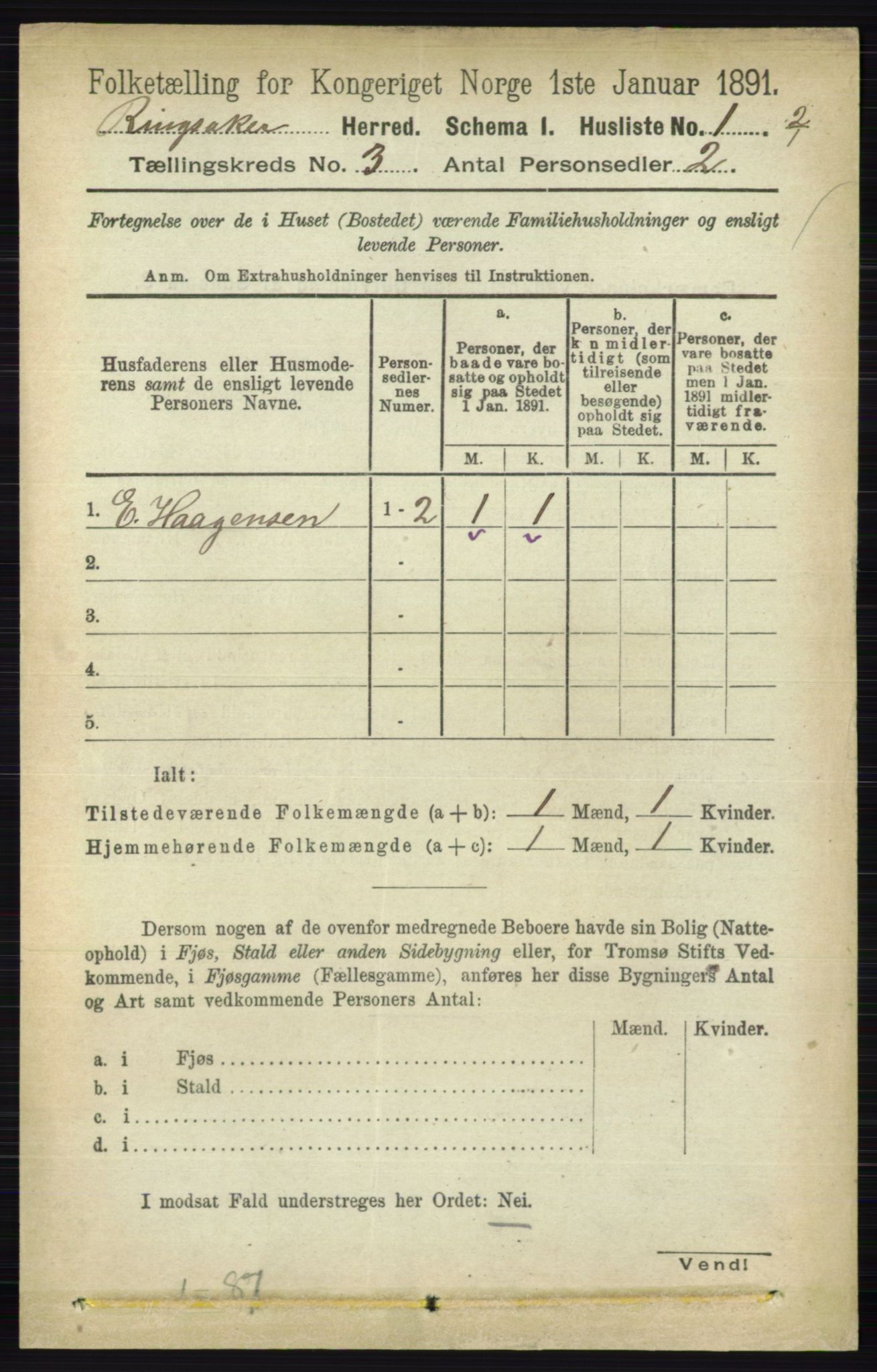 RA, 1891 census for 0412 Ringsaker, 1891, p. 1162