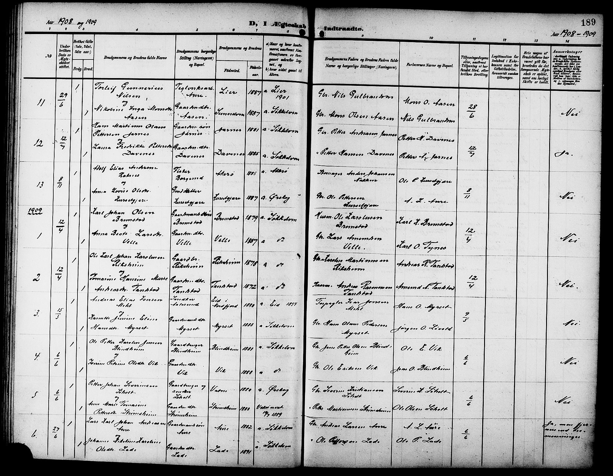 Ministerialprotokoller, klokkerbøker og fødselsregistre - Møre og Romsdal, SAT/A-1454/523/L0341: Parish register (copy) no. 523C04, 1903-1916, p. 189