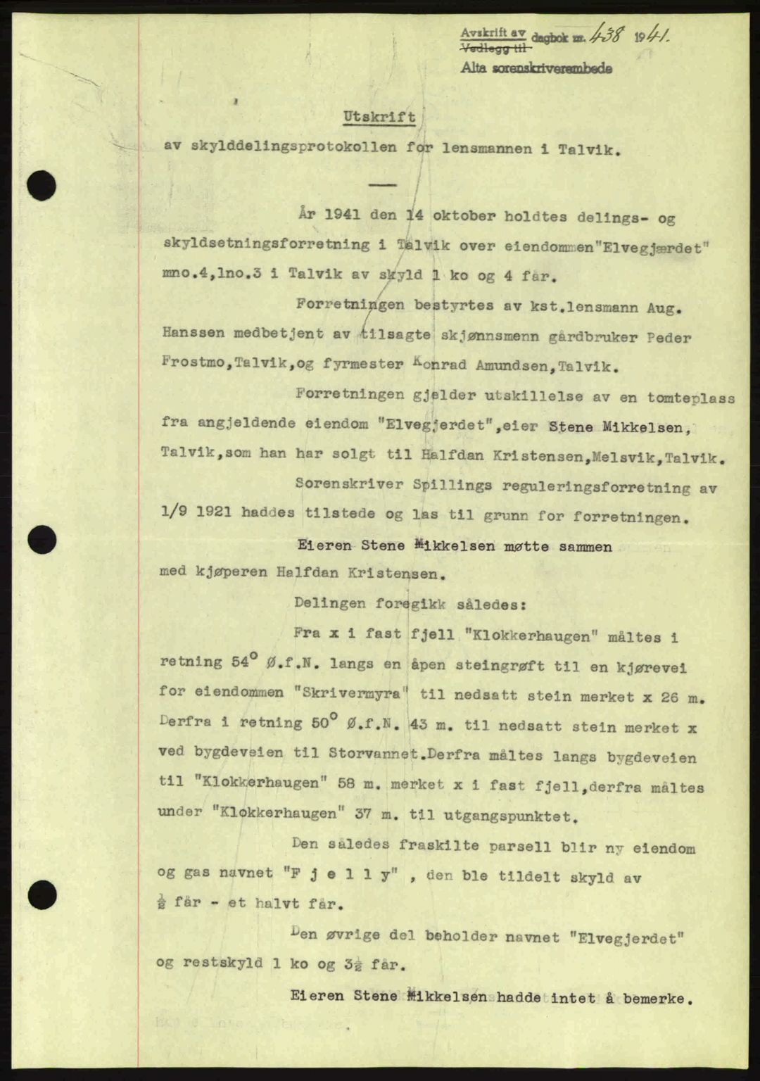 Alta fogderi/sorenskriveri, SATØ/SATØ-5/1/K/Kd/L0033pantebok: Mortgage book no. 33, 1940-1943, Diary no: : 438/1941