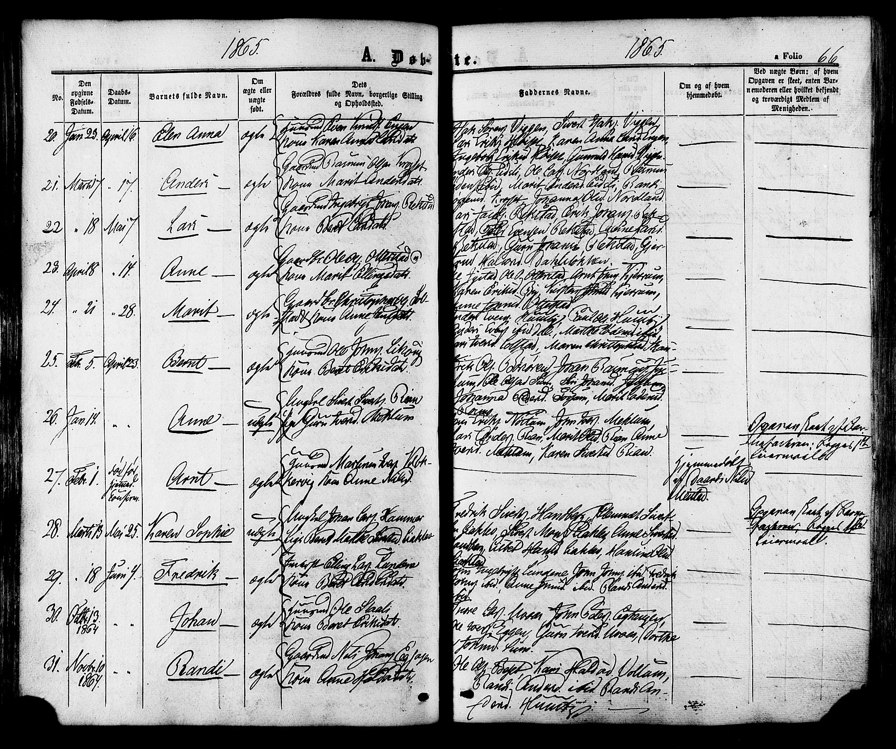 Ministerialprotokoller, klokkerbøker og fødselsregistre - Sør-Trøndelag, SAT/A-1456/665/L0772: Parish register (official) no. 665A07, 1856-1878, p. 66