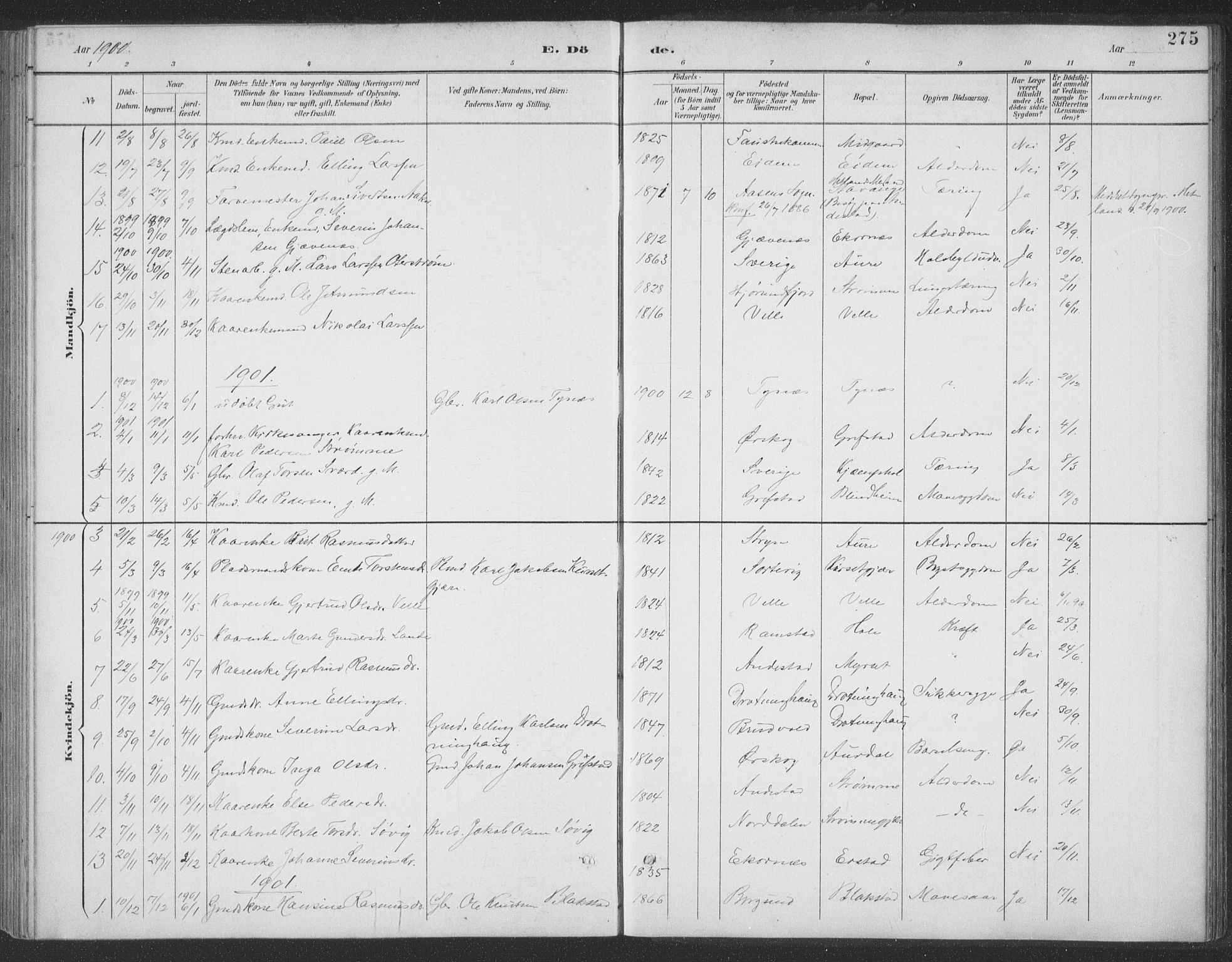 Ministerialprotokoller, klokkerbøker og fødselsregistre - Møre og Romsdal, AV/SAT-A-1454/523/L0335: Parish register (official) no. 523A02, 1891-1911, p. 275