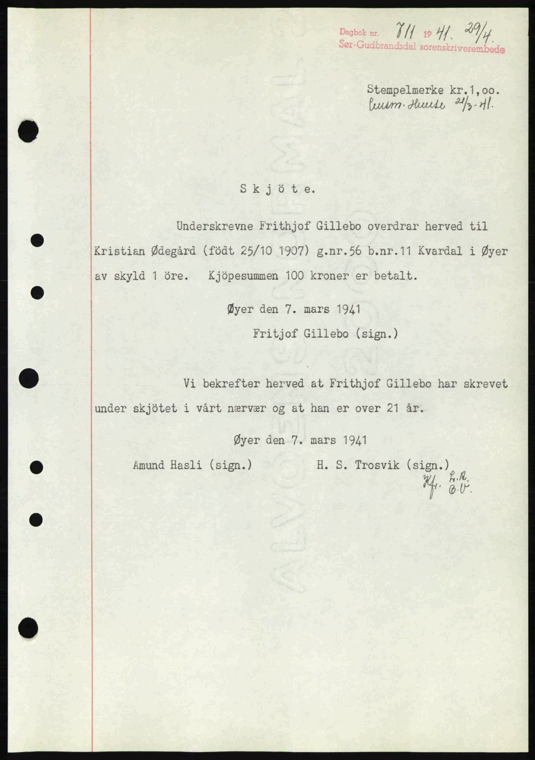 Sør-Gudbrandsdal tingrett, SAH/TING-004/H/Hb/Hbd/L0009: Mortgage book no. A9, 1941-1941, Diary no: : 711/1941