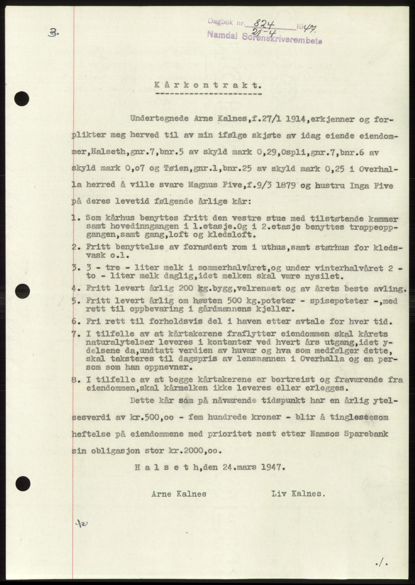 Namdal sorenskriveri, AV/SAT-A-4133/1/2/2C: Mortgage book no. -, 1947-1947, Diary no: : 824/1947