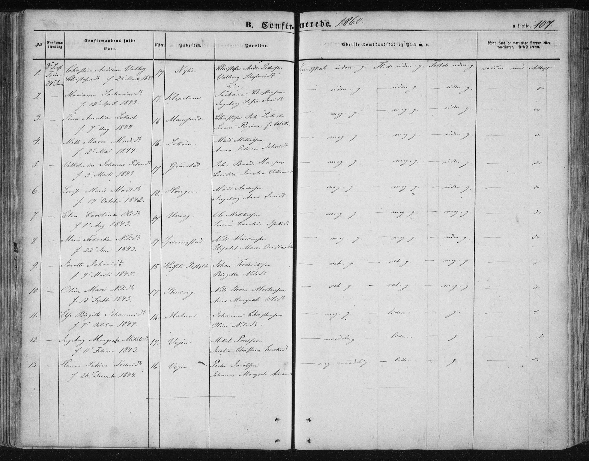 Ministerialprotokoller, klokkerbøker og fødselsregistre - Nordland, AV/SAT-A-1459/891/L1300: Parish register (official) no. 891A05, 1856-1870, p. 107