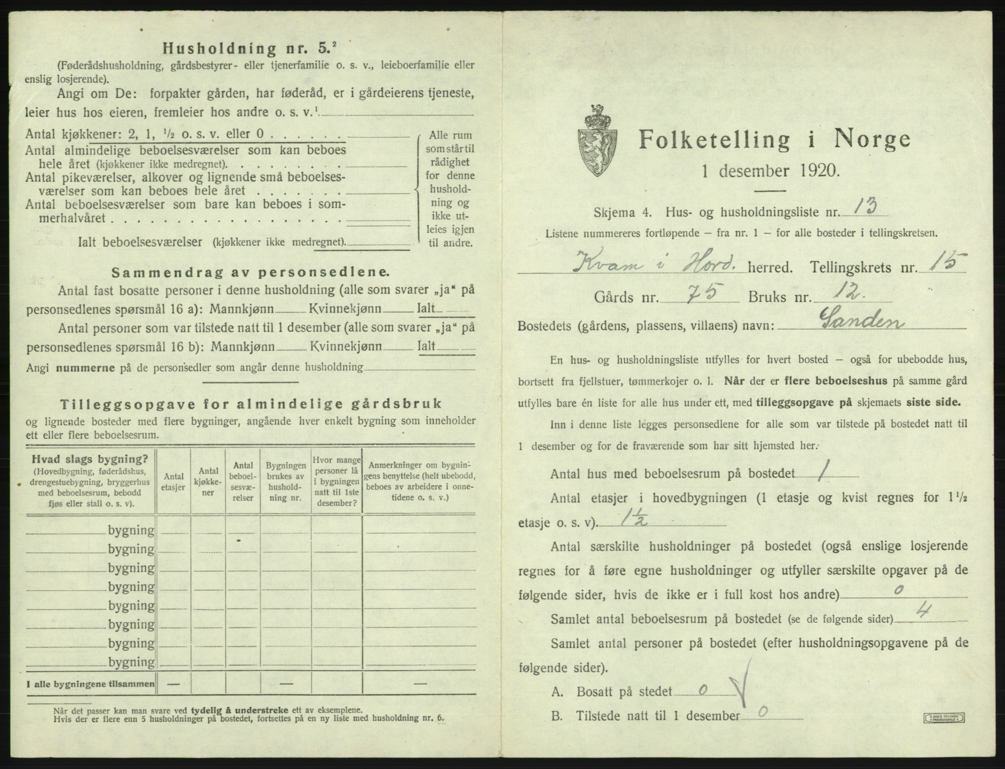 SAB, 1920 census for Kvam, 1920, p. 1260