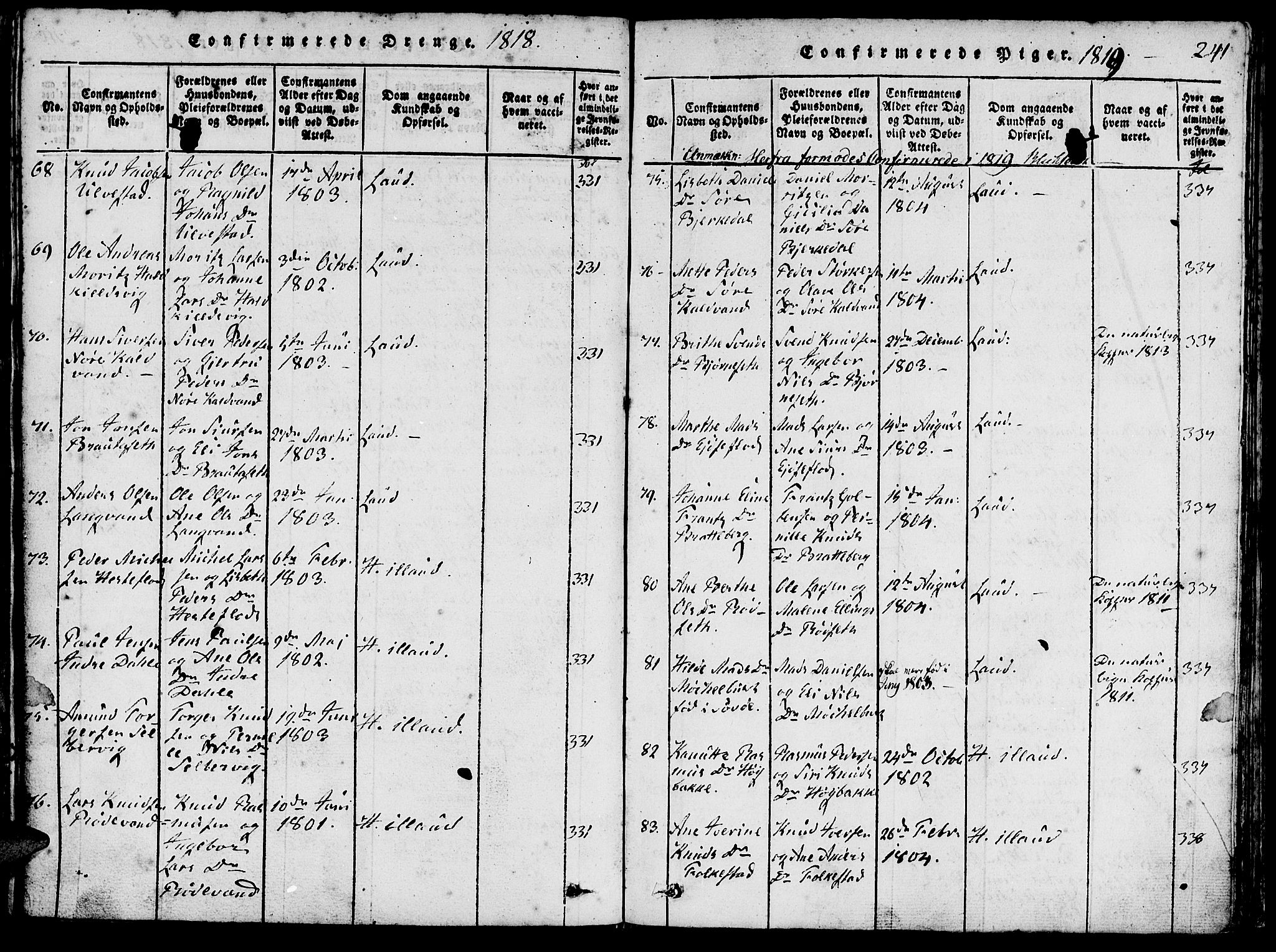 Ministerialprotokoller, klokkerbøker og fødselsregistre - Møre og Romsdal, SAT/A-1454/511/L0138: Parish register (official) no. 511A05, 1817-1832, p. 241