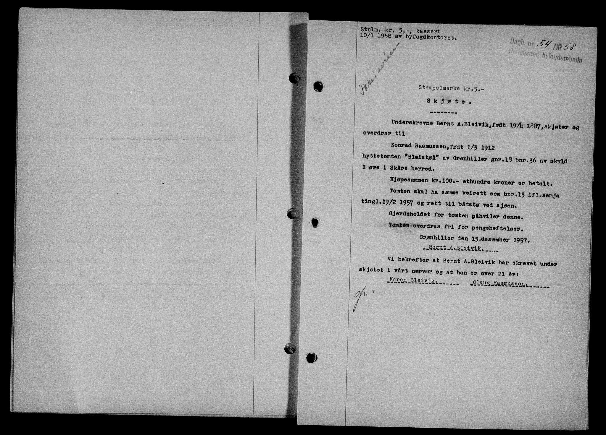 Haugesund tingrett, AV/SAST-A-101415/01/II/IIC/L0068: Mortgage book no. A 9, 1956-1958, Diary no: : 54/1958