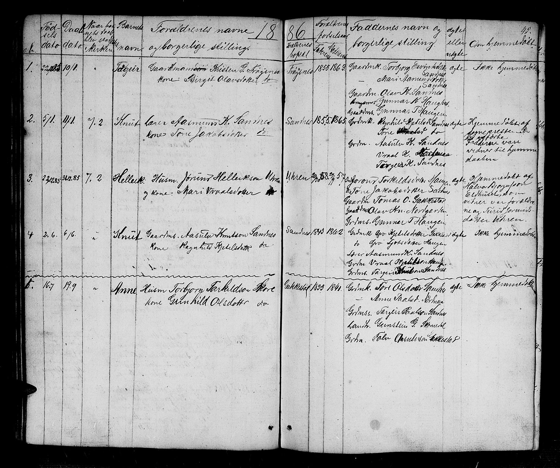 Bygland sokneprestkontor, AV/SAK-1111-0006/F/Fb/Fbc/L0001: Parish register (copy) no. B 1, 1848-1894, p. 45