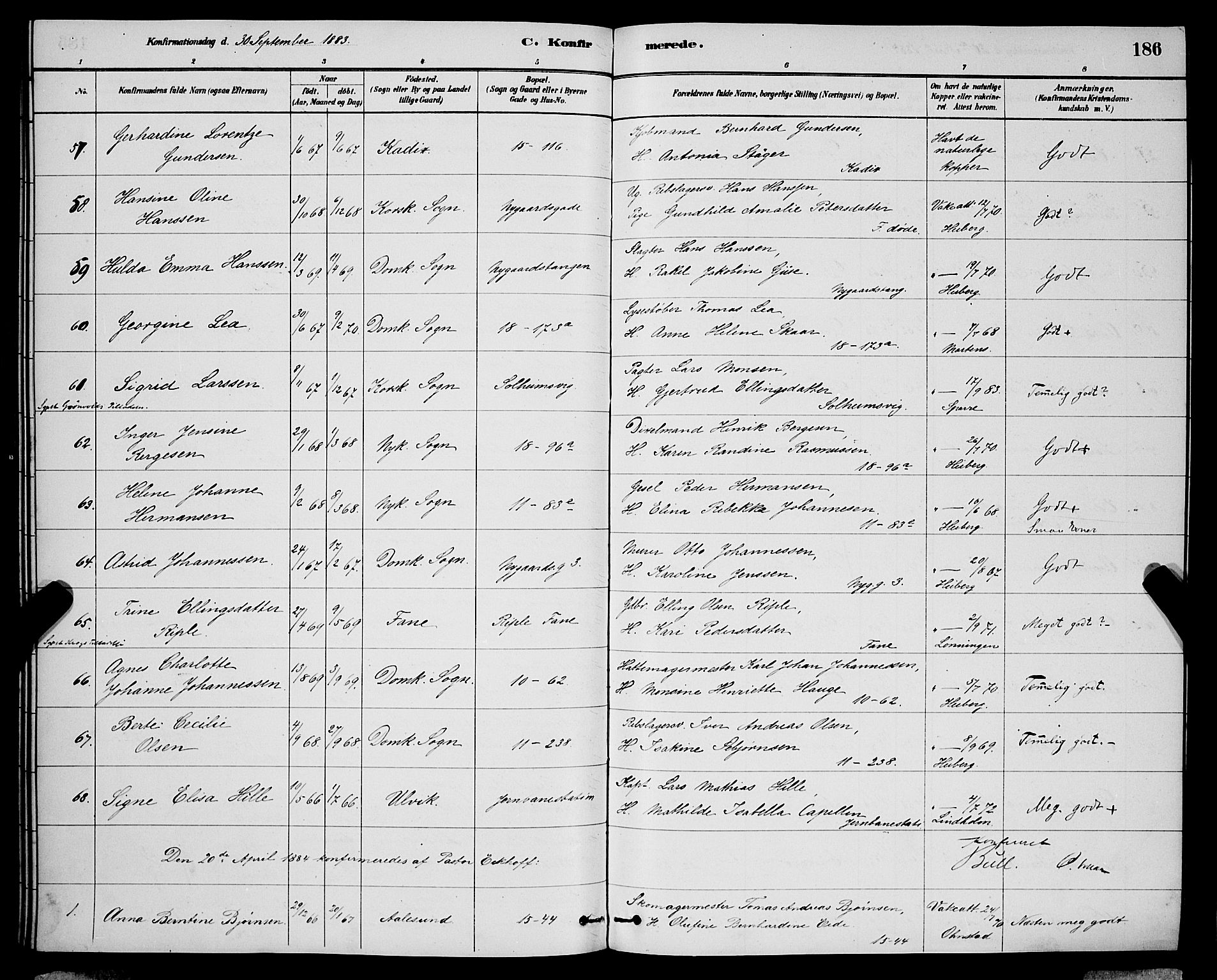 Domkirken sokneprestembete, SAB/A-74801/H/Hab/L0024: Parish register (copy) no. C 4, 1880-1899, p. 186