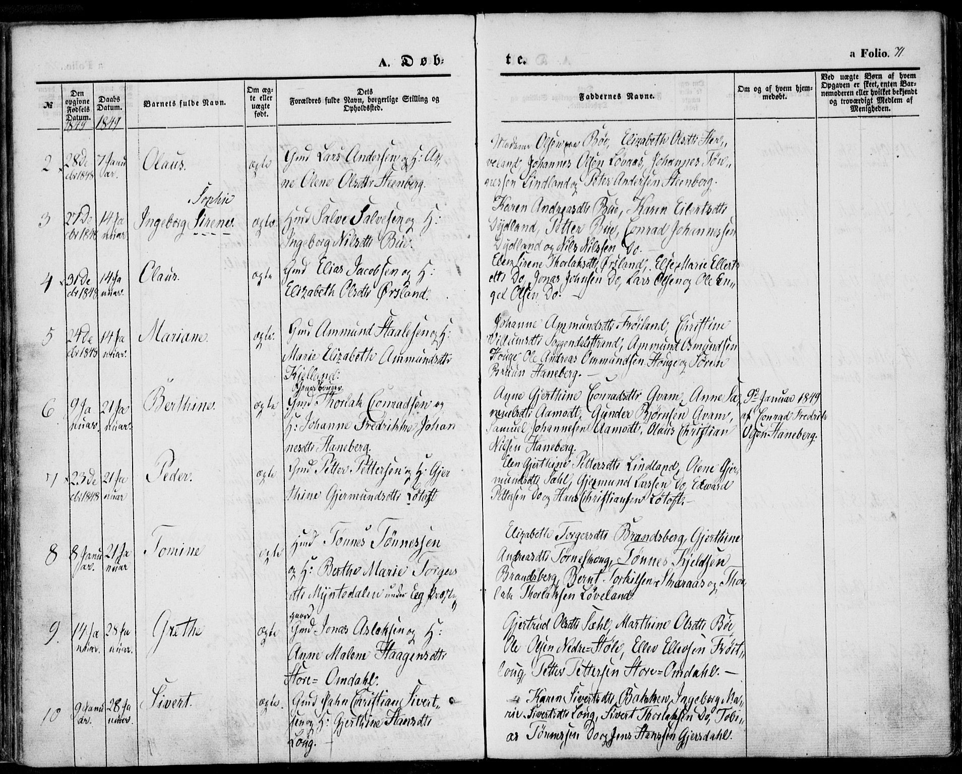Sokndal sokneprestkontor, AV/SAST-A-101808: Parish register (official) no. A 8.1, 1842-1857, p. 71