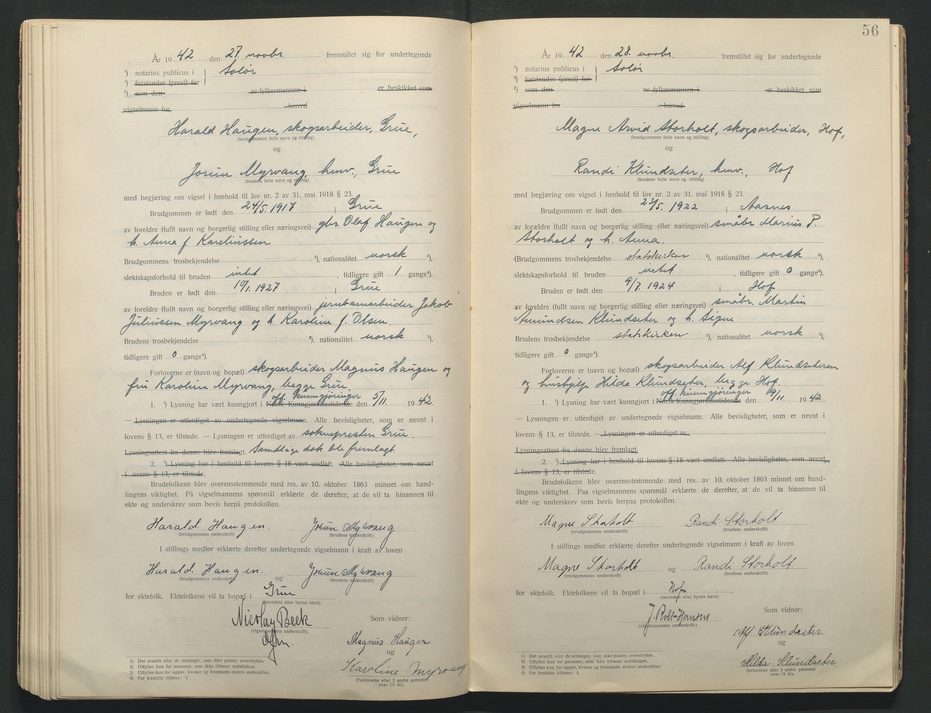 Solør tingrett, AV/SAH-TING-008/L/Lb/L0001: Vigselprotokoll, 1920-1943, p. 56