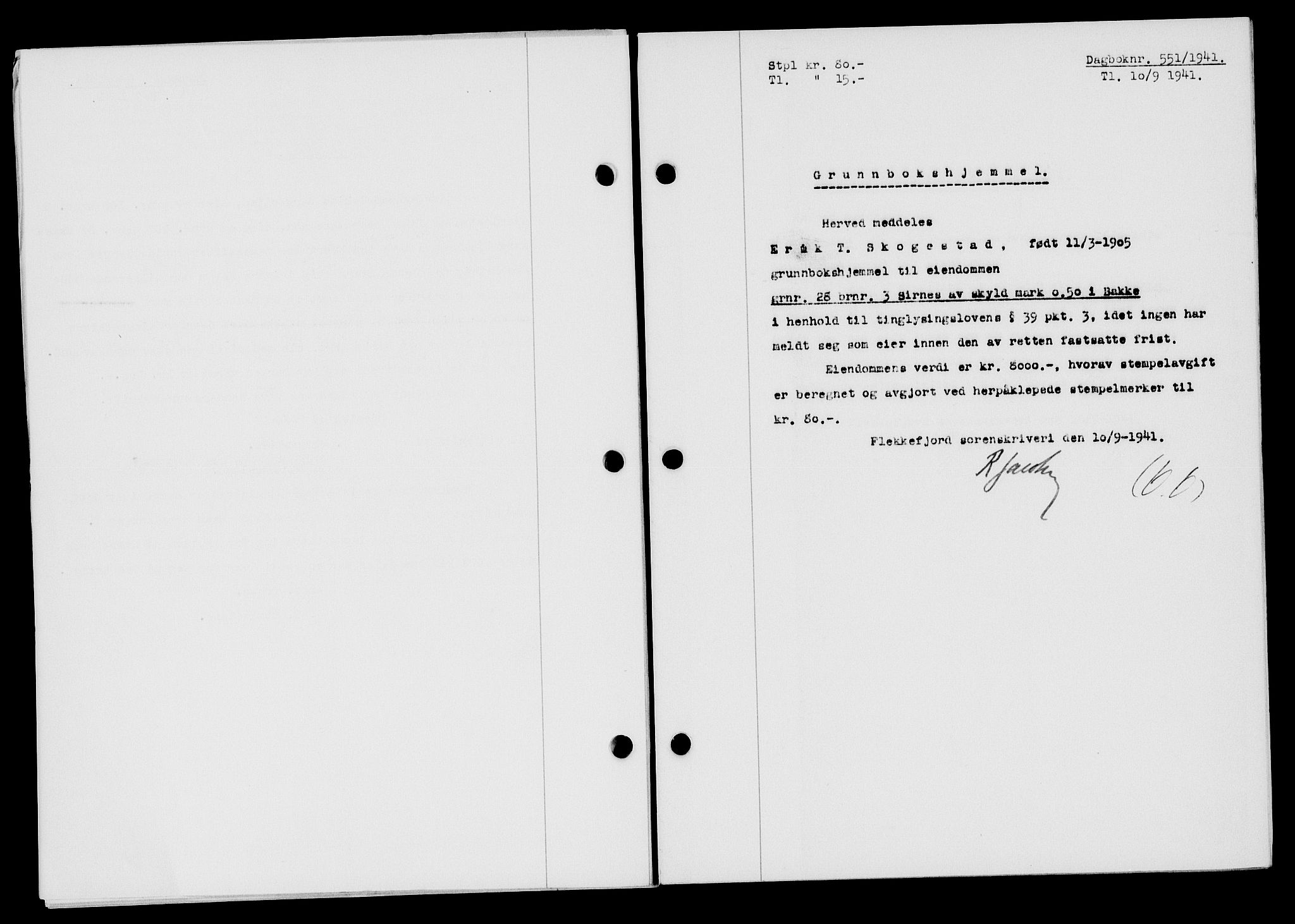 Flekkefjord sorenskriveri, SAK/1221-0001/G/Gb/Gba/L0057: Mortgage book no. A-5, 1941-1942, Diary no: : 551/1941