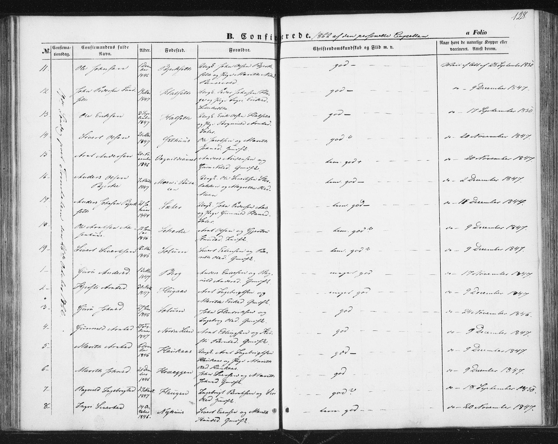 Ministerialprotokoller, klokkerbøker og fødselsregistre - Sør-Trøndelag, SAT/A-1456/689/L1038: Parish register (official) no. 689A03, 1848-1872, p. 128