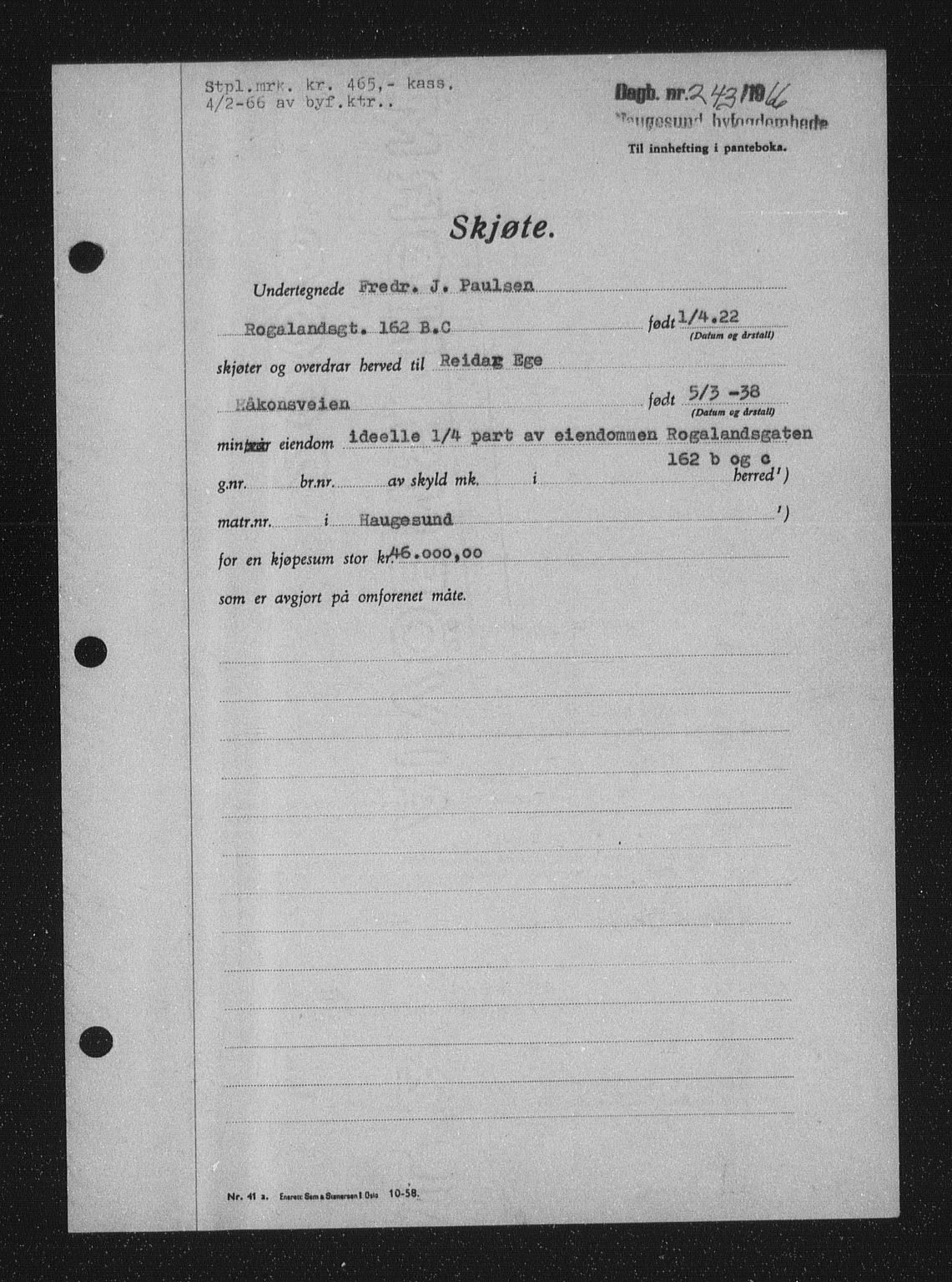 Haugesund tingrett, AV/SAST-A-101415/01/II/IIC/L0076: Mortgage book no. A 17, 1965-1966, Diary no: : 243/1966