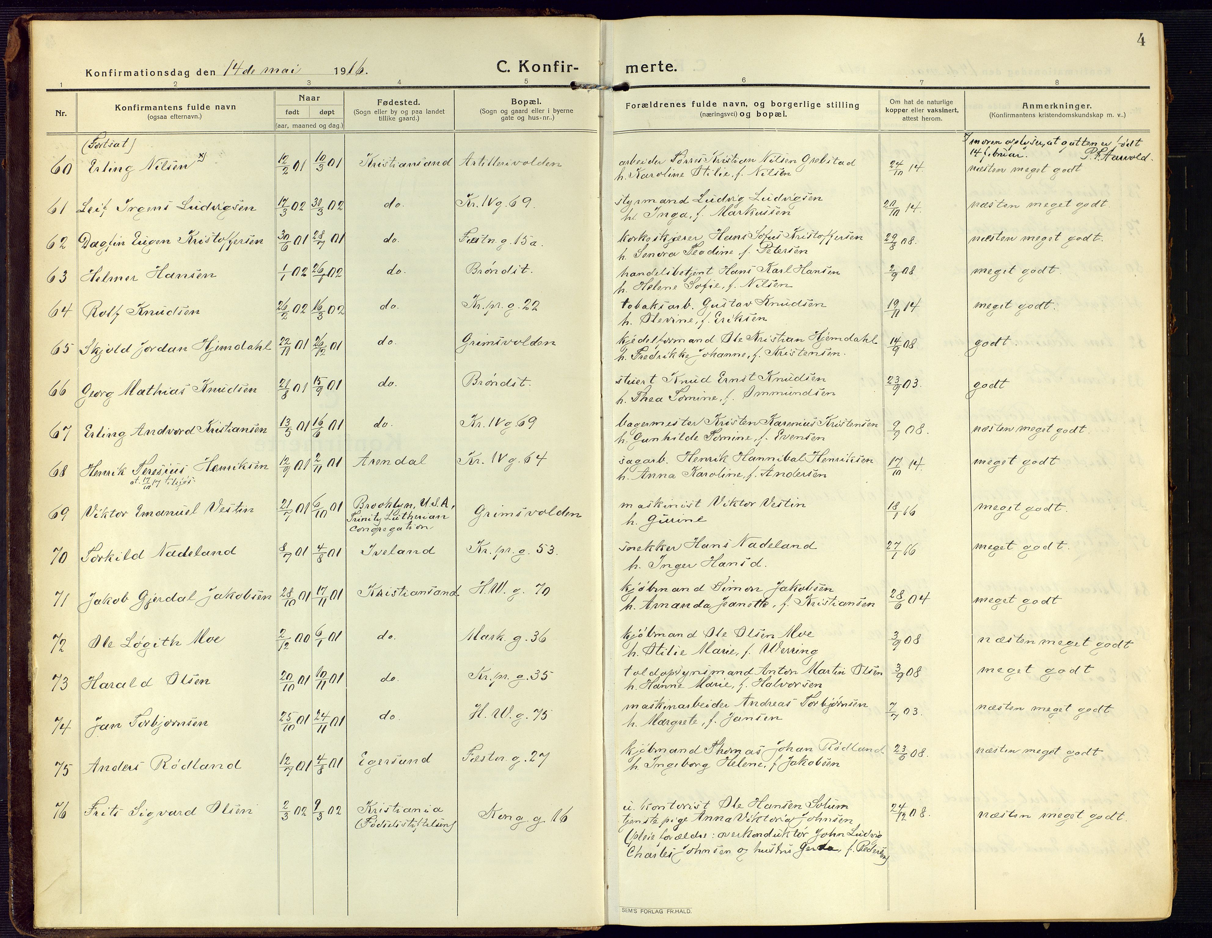 Kristiansand domprosti, SAK/1112-0006/F/Fa/L0026: Parish register (official) no. A 25, 1916-1928, p. 4