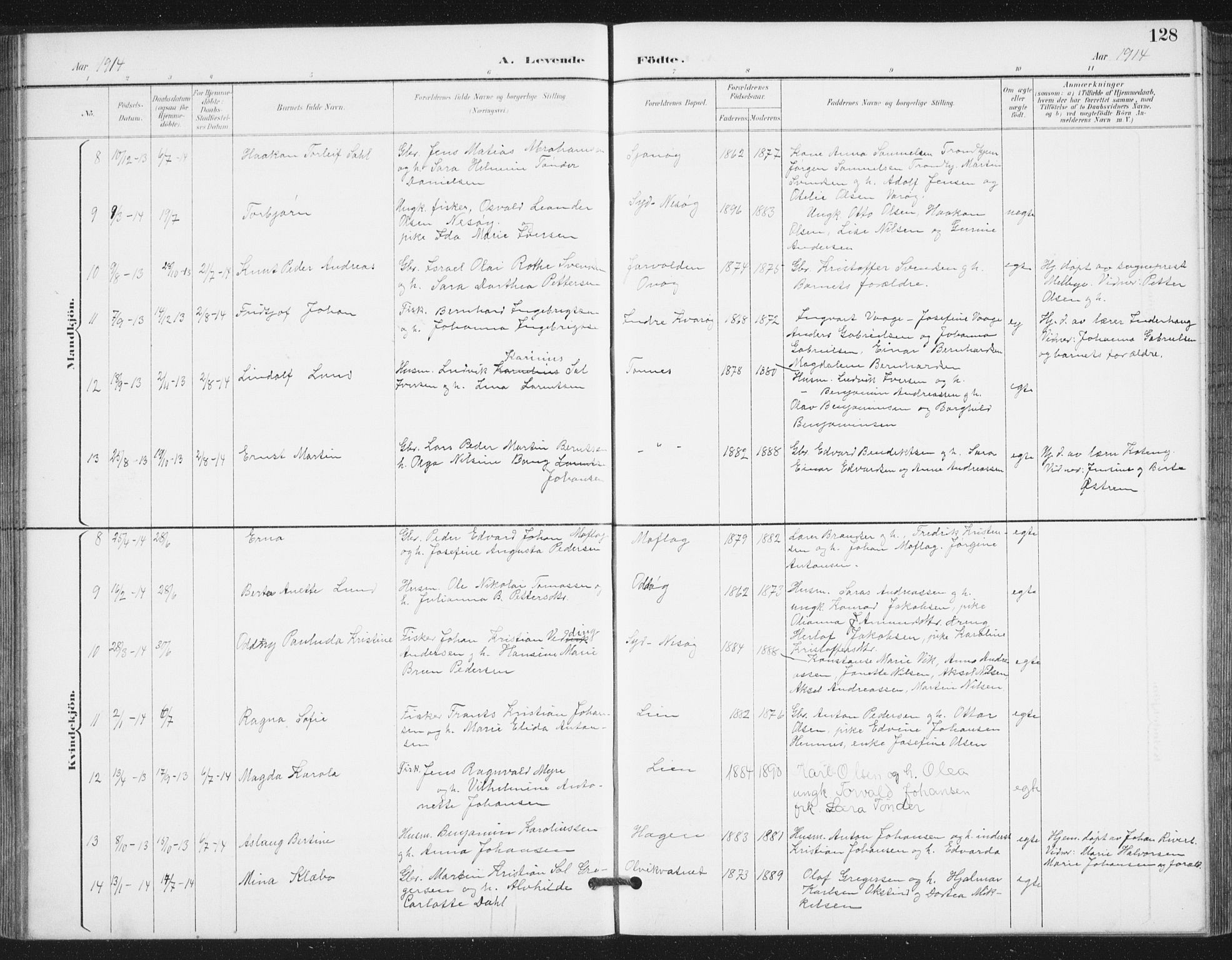 Ministerialprotokoller, klokkerbøker og fødselsregistre - Nordland, AV/SAT-A-1459/839/L0573: Parish register (copy) no. 839C03, 1892-1917, p. 128