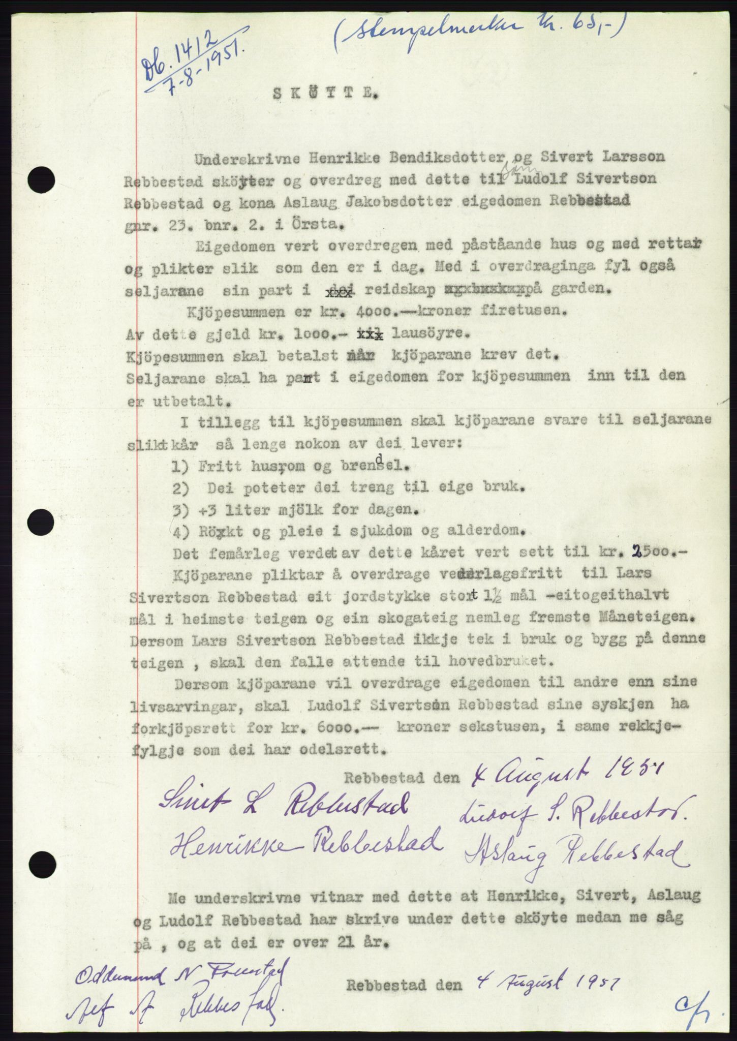 Søre Sunnmøre sorenskriveri, AV/SAT-A-4122/1/2/2C/L0089: Mortgage book no. 15A, 1951-1951, Diary no: : 1412/1951