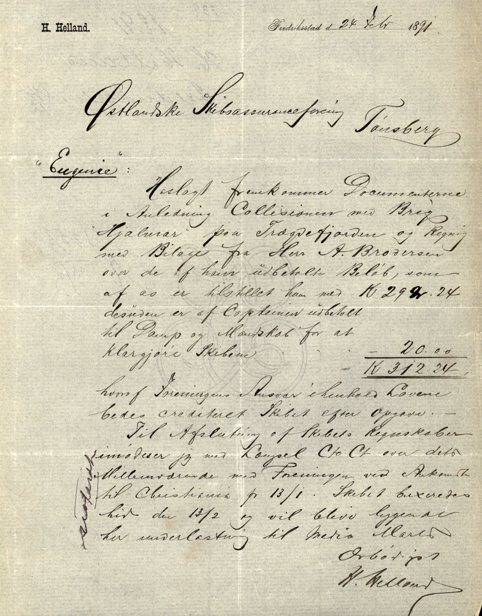 Pa 63 - Østlandske skibsassuranceforening, VEMU/A-1079/G/Ga/L0025/0005: Havaridokumenter / Jacbez, Brin, Eugenie, Lyna, Løvspring, Hurtig, 1890, p. 26