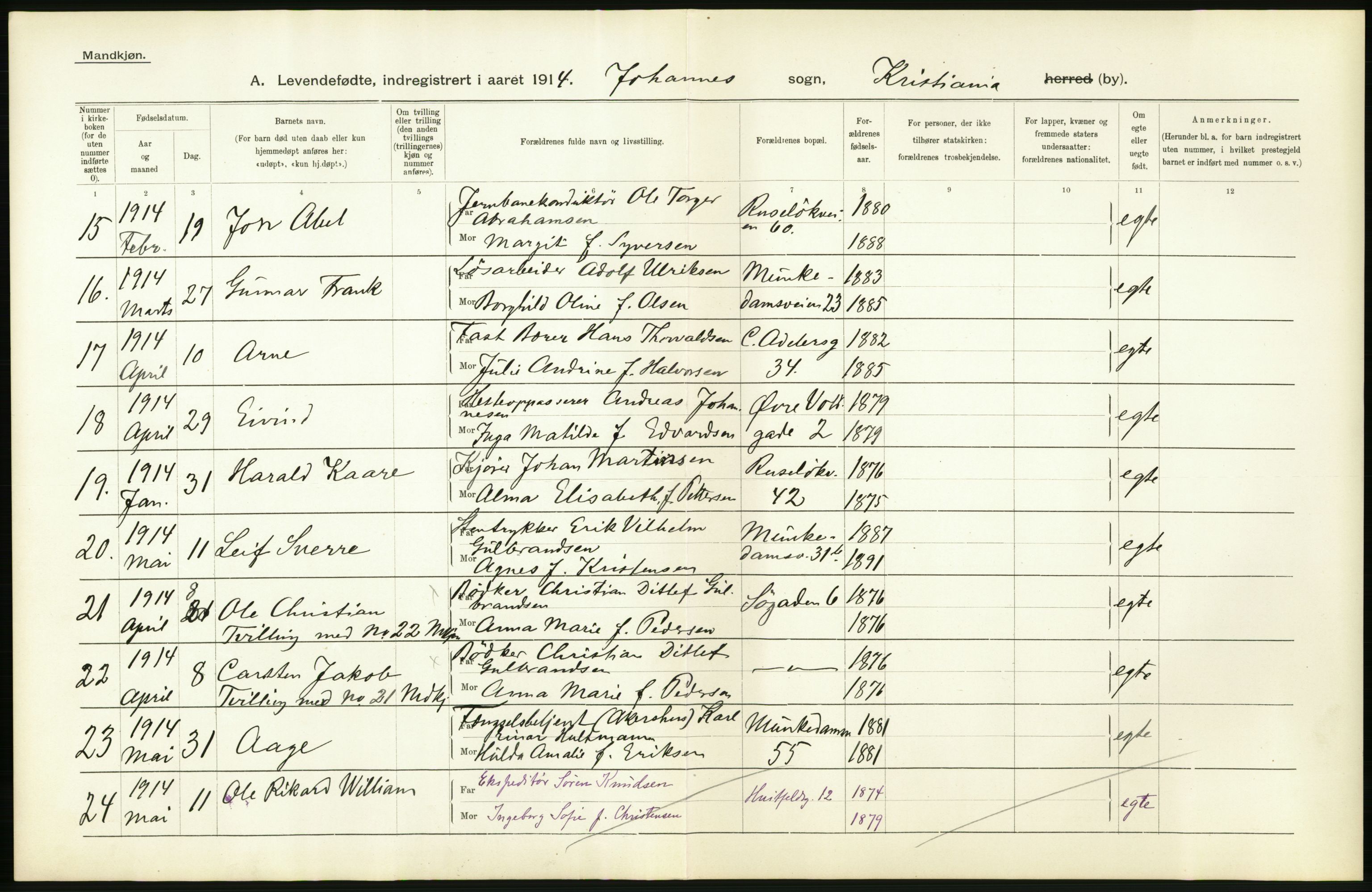 Statistisk sentralbyrå, Sosiodemografiske emner, Befolkning, AV/RA-S-2228/D/Df/Dfb/Dfbd/L0006: Kristiania: Levendefødte menn og kvinner., 1914, p. 14