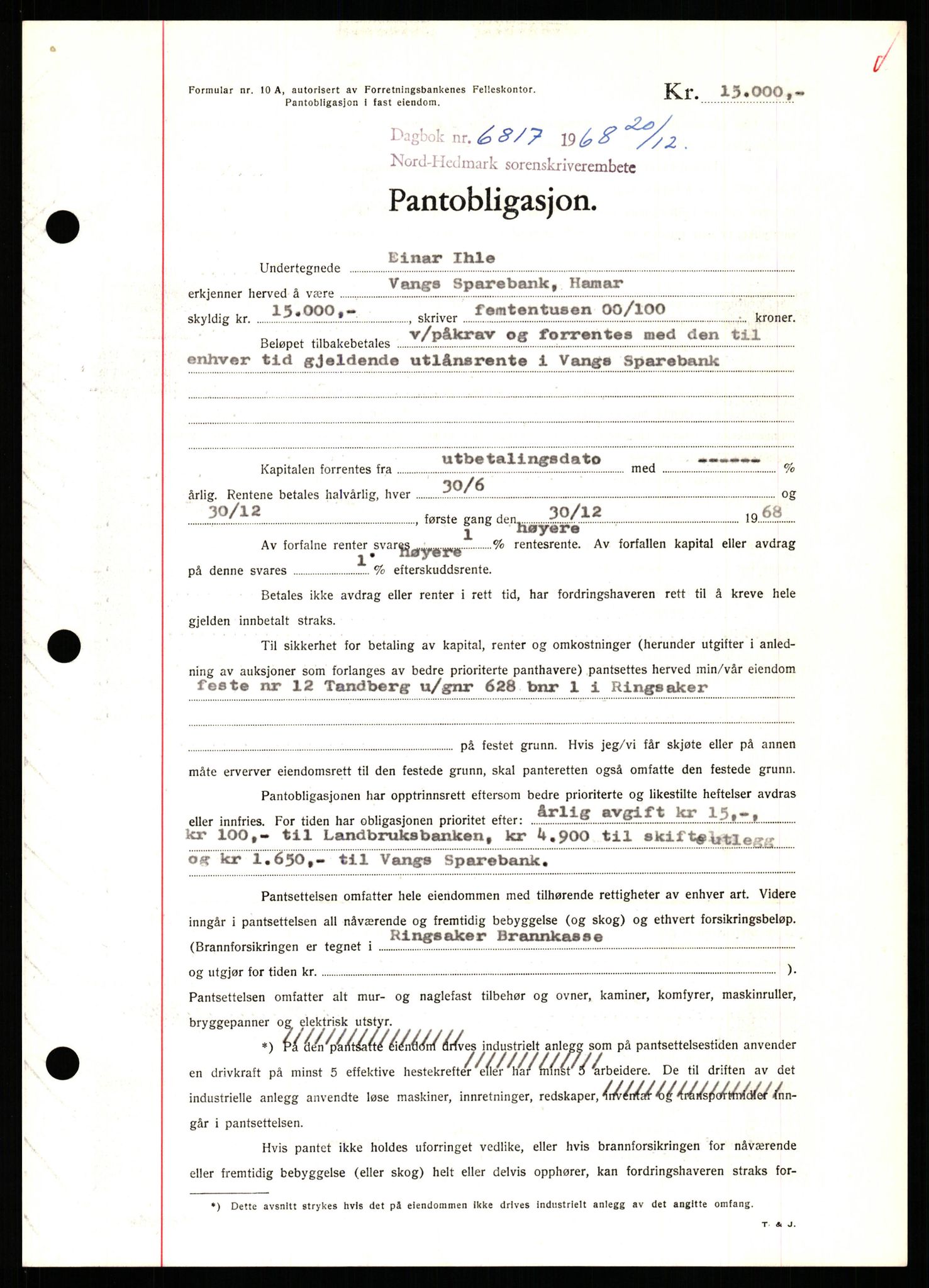 Nord-Hedmark sorenskriveri, SAH/TING-012/H/Hb/Hbf/L0077: Mortgage book no. B77, 1968-1969, Diary no: : 6817/1968