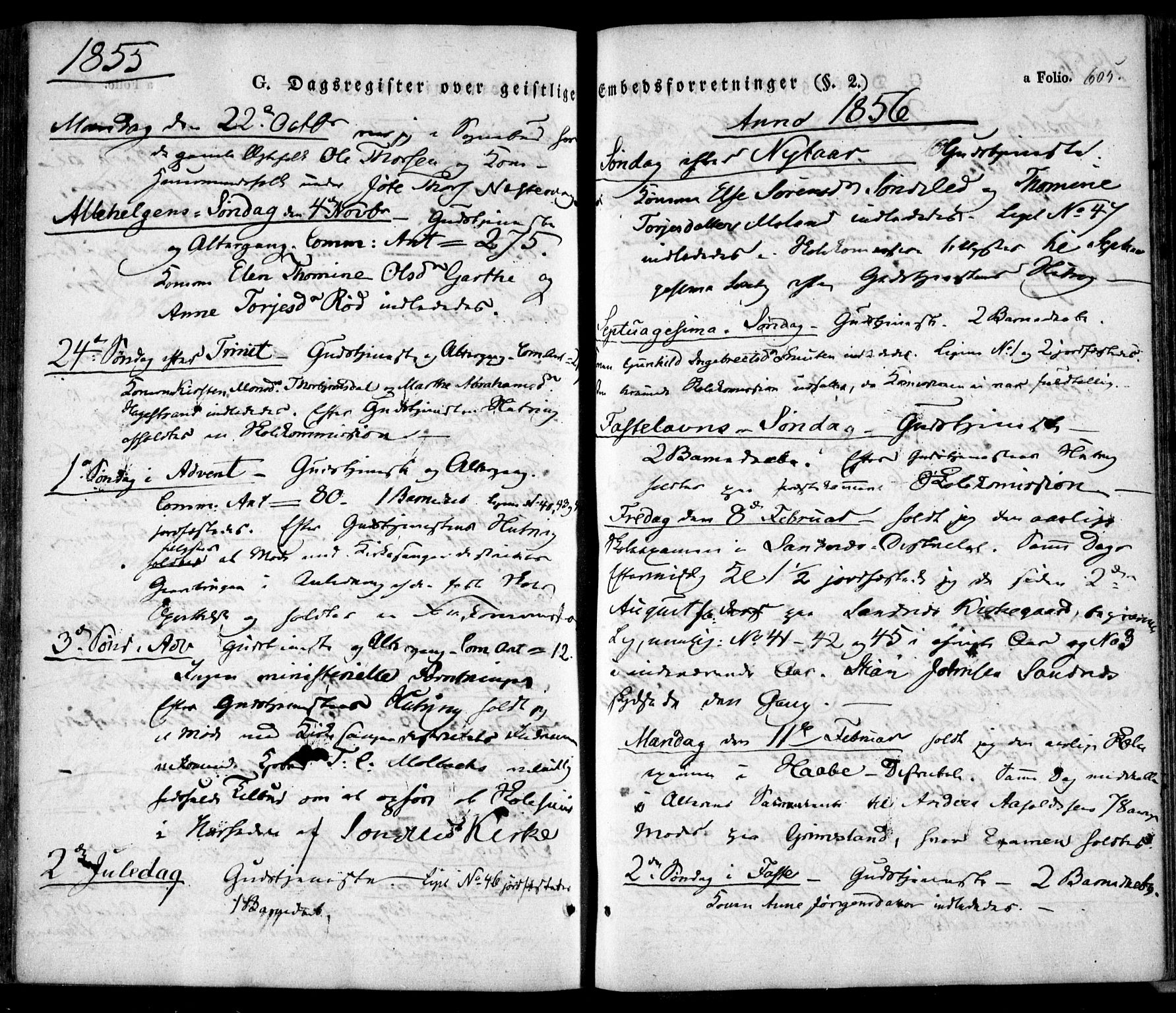 Søndeled sokneprestkontor, SAK/1111-0038/F/Fa/L0002: Parish register (official) no. A 2, 1839-1860, p. 605