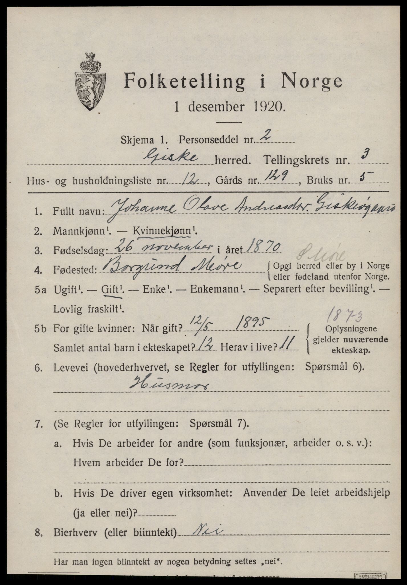 SAT, 1920 census for Giske, 1920, p. 1888