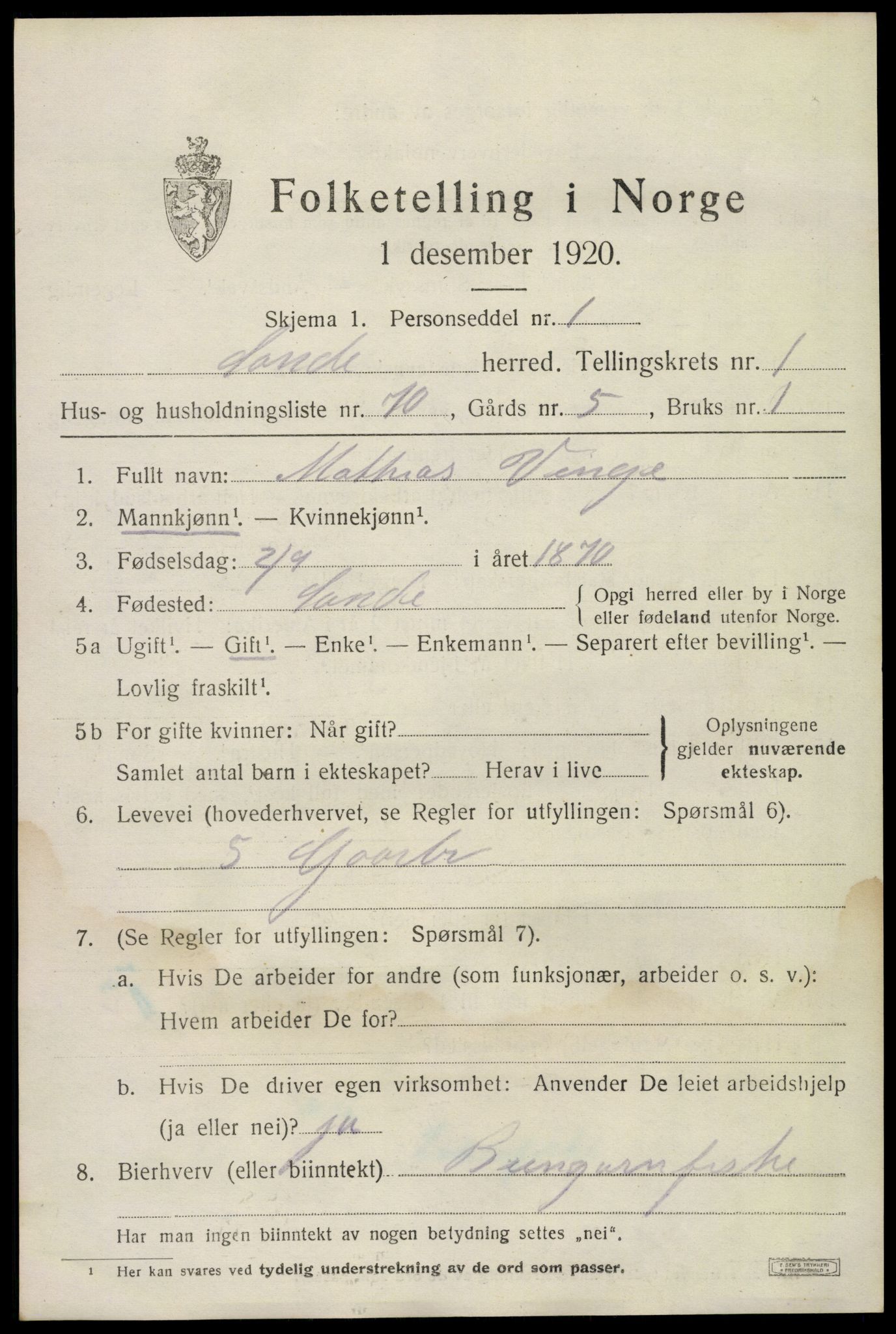 SAKO, 1920 census for Sande, 1920, p. 1978