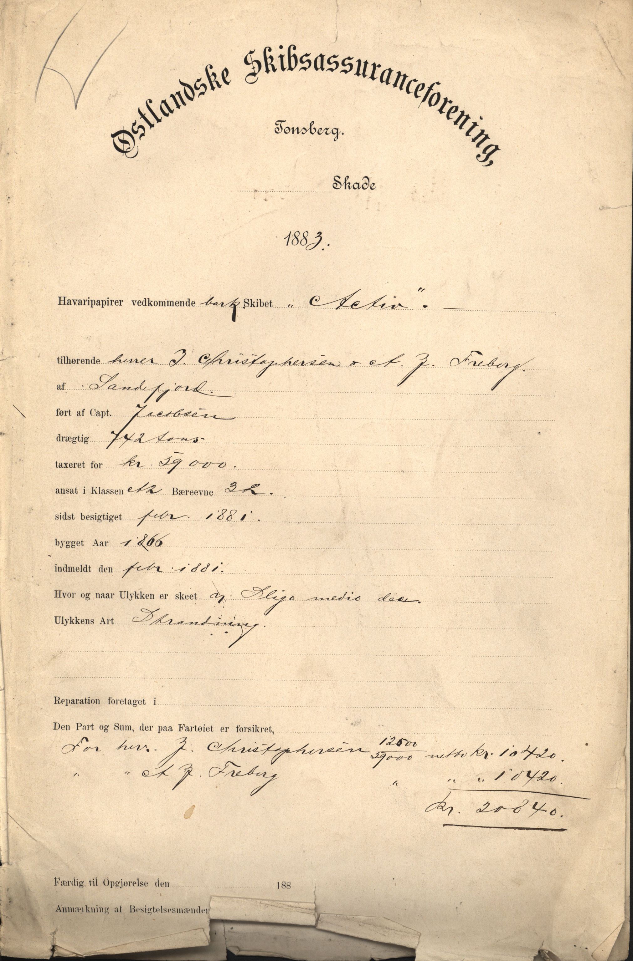 Pa 63 - Østlandske skibsassuranceforening, VEMU/A-1079/G/Ga/L0016/0008: Havaridokumenter / Ariel, Arica, Rolf, Activ, Herman Lehmkuhl, 1883, p. 9