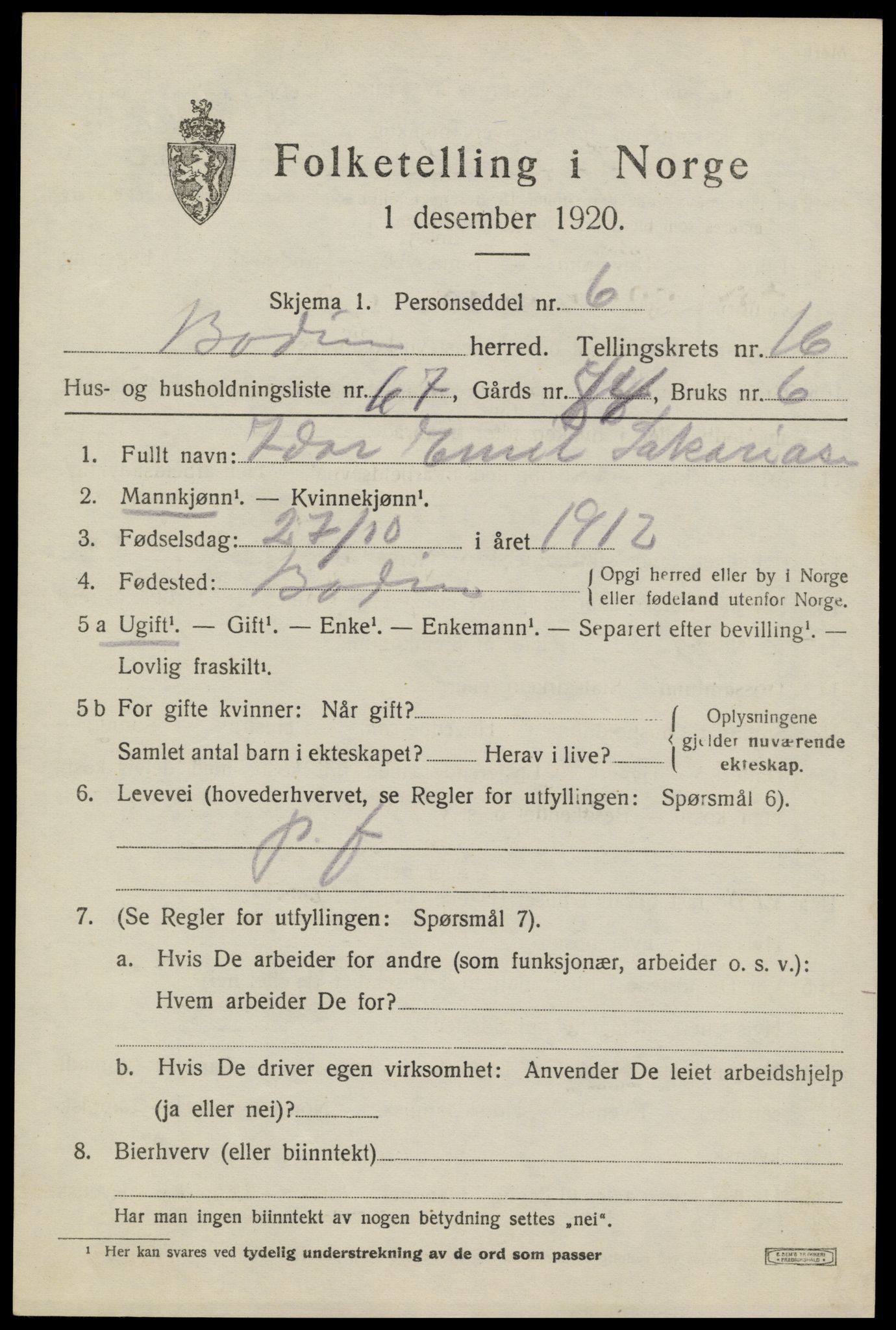 SAT, 1920 census for Bodin, 1920, p. 12278