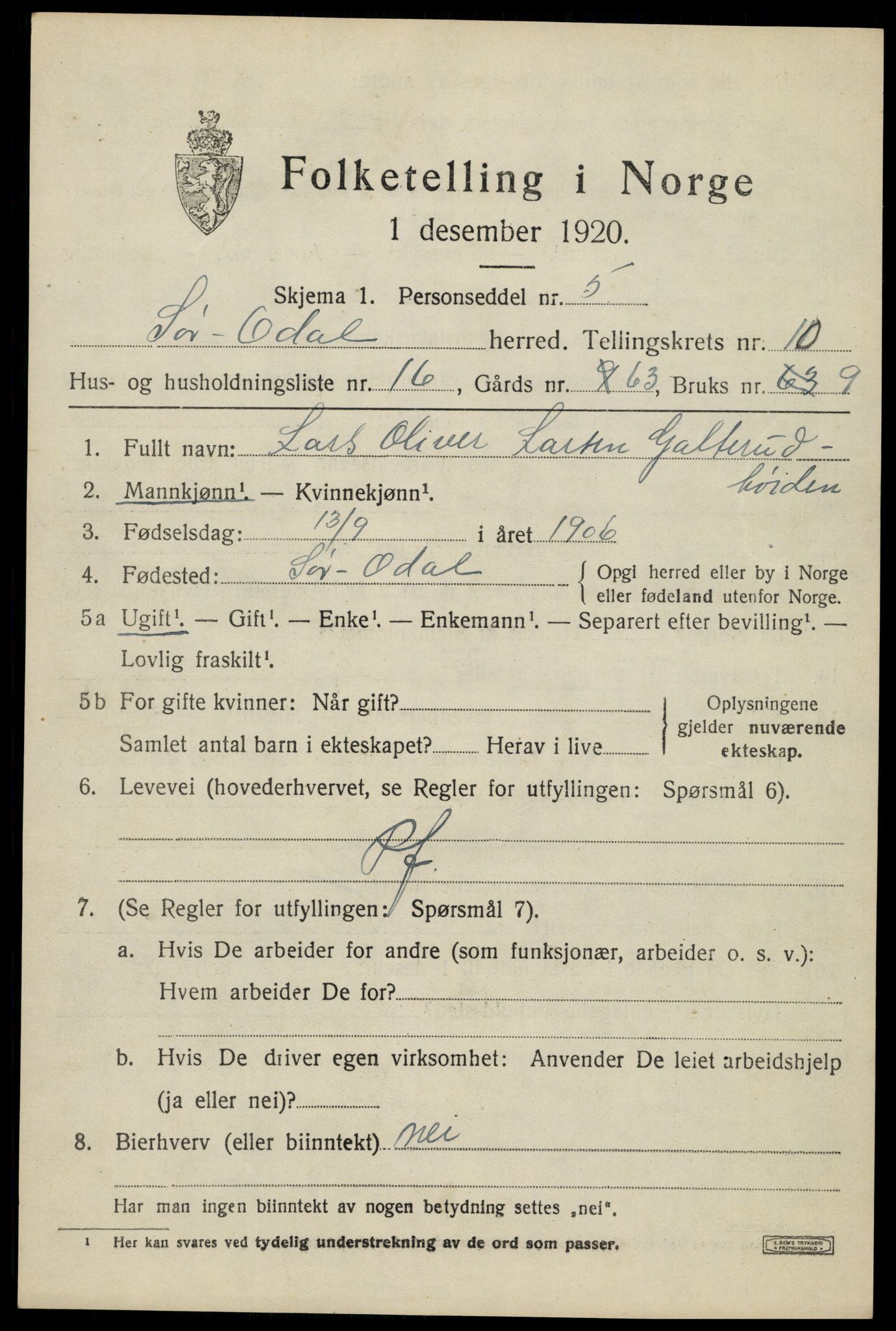 SAH, 1920 census for Sør-Odal, 1920, p. 11743