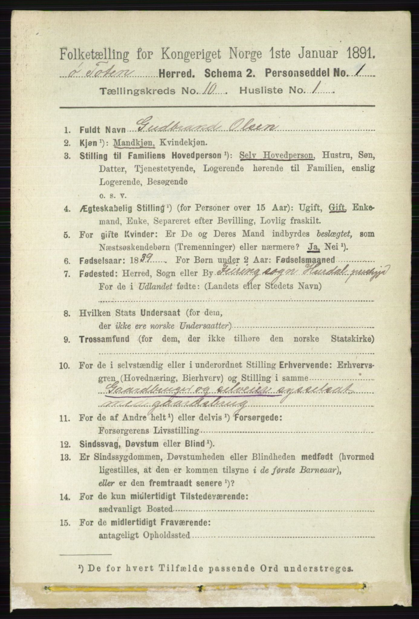 RA, 1891 census for 0528 Østre Toten, 1891, p. 6368