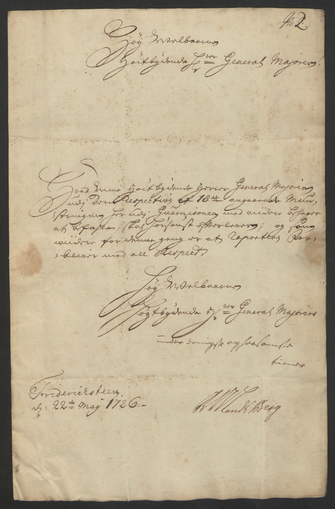 Kommanderende general (KG I) med Det norske krigsdirektorium, AV/RA-EA-5419/D/L0153: Fredriksten festning: Brev, inventarfortegnelser og regnskapsekstrakter, 1724-1729, p. 327