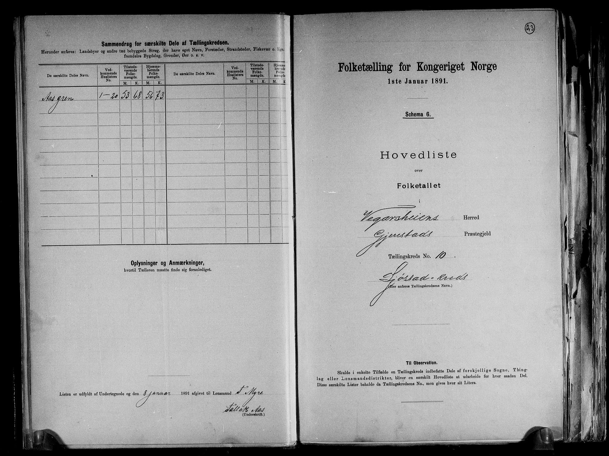 RA, 1891 census for 0912 Vegårshei, 1891, p. 23