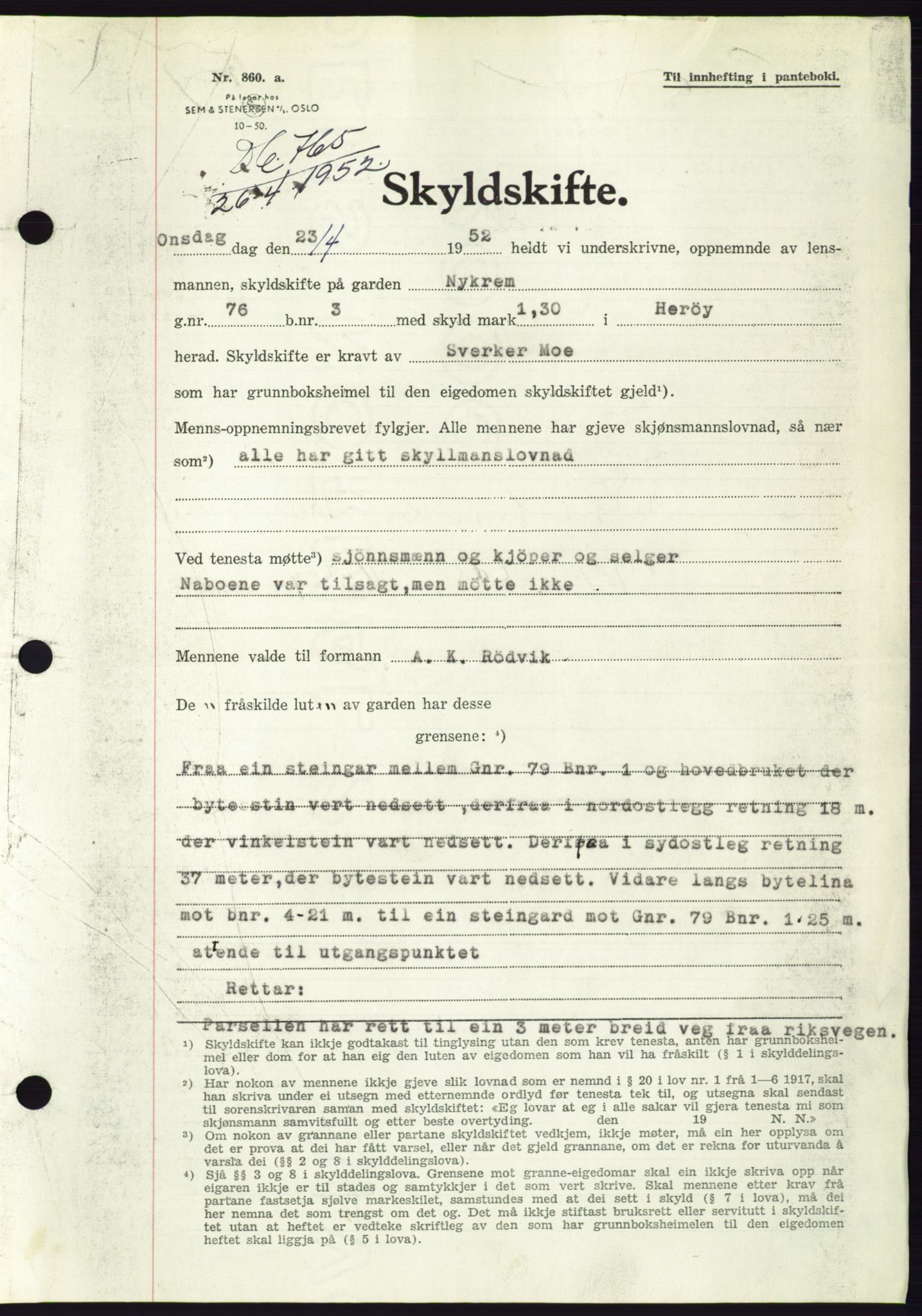 Søre Sunnmøre sorenskriveri, AV/SAT-A-4122/1/2/2C/L0092: Mortgage book no. 18A, 1952-1952, Diary no: : 765/1952