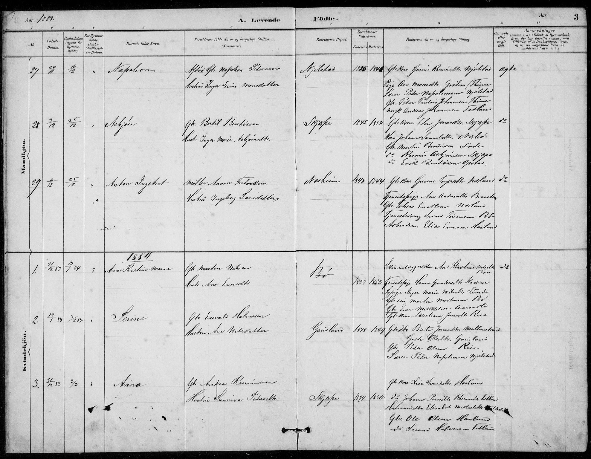 Hå sokneprestkontor, AV/SAST-A-101801/001/30BB/L0003: Parish register (copy) no. B 3, 1883-1894, p. 3