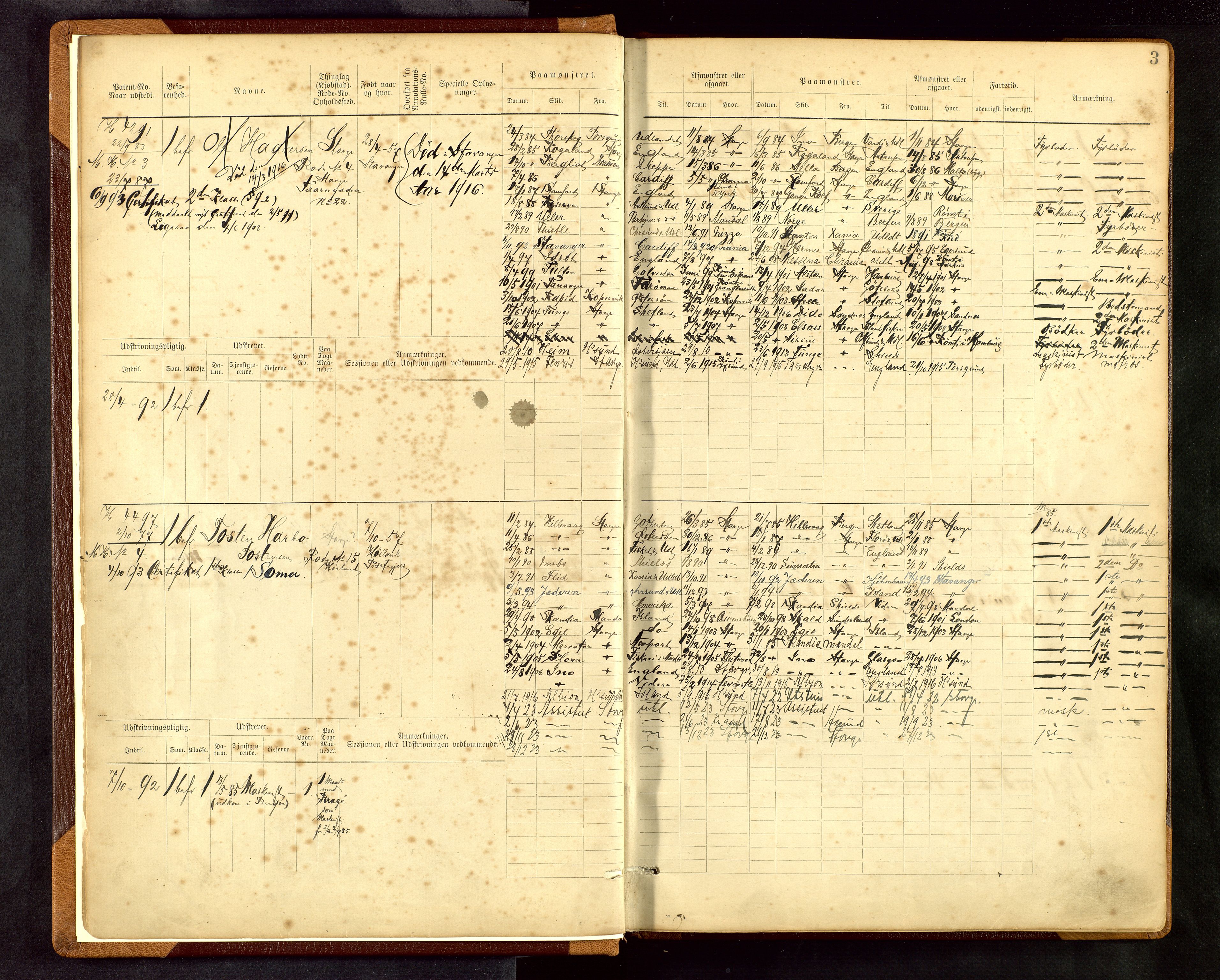 Stavanger sjømannskontor, SAST/A-102006/F/Fe/L0001: Maskinist- og fyrbøterrulle, patentnr. 1-58/1-194, 1884-1894, p. 6