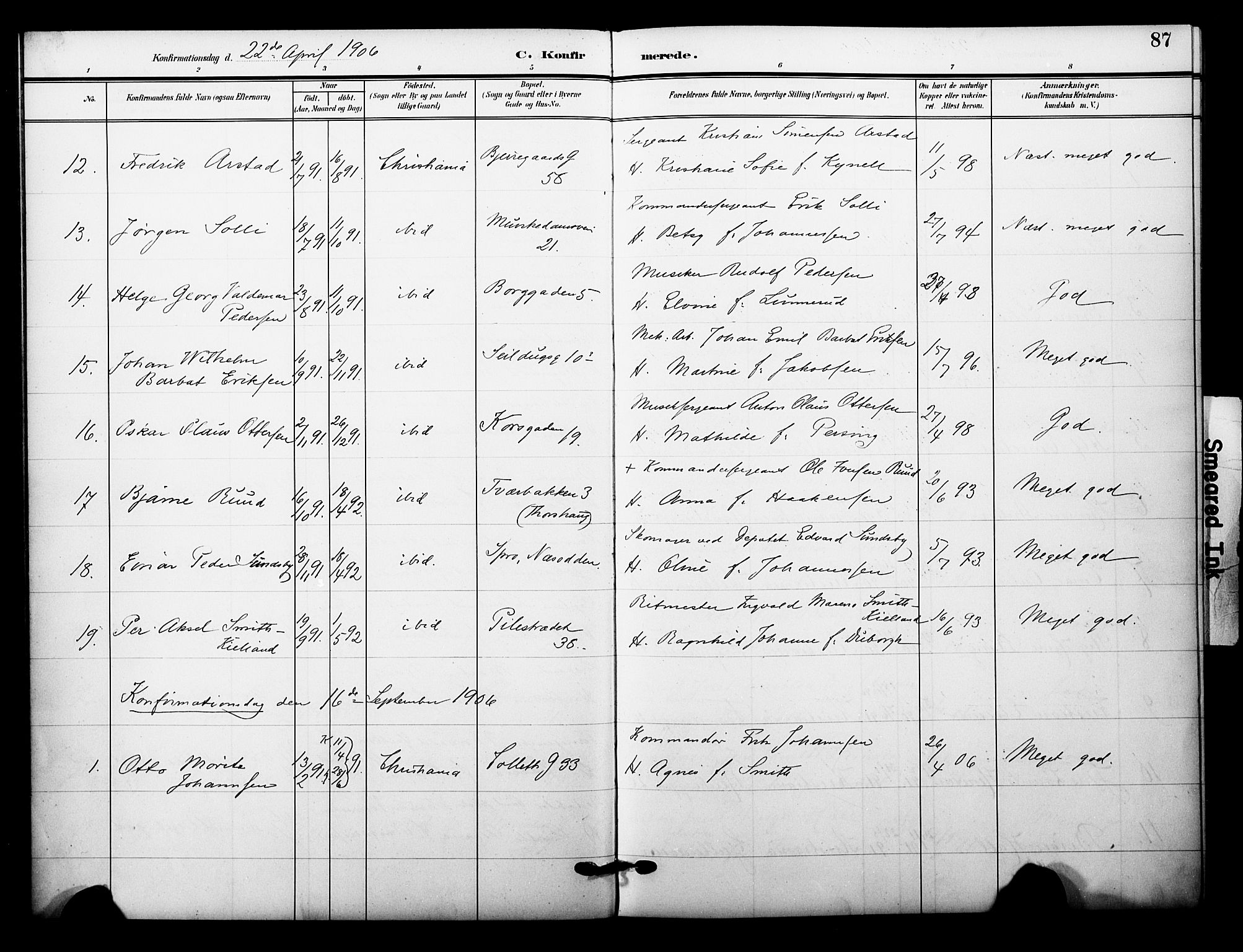 Garnisonsmenigheten Kirkebøker, AV/SAO-A-10846/F/Fa/L0014: Parish register (official) no. 14, 1905-1914, p. 87