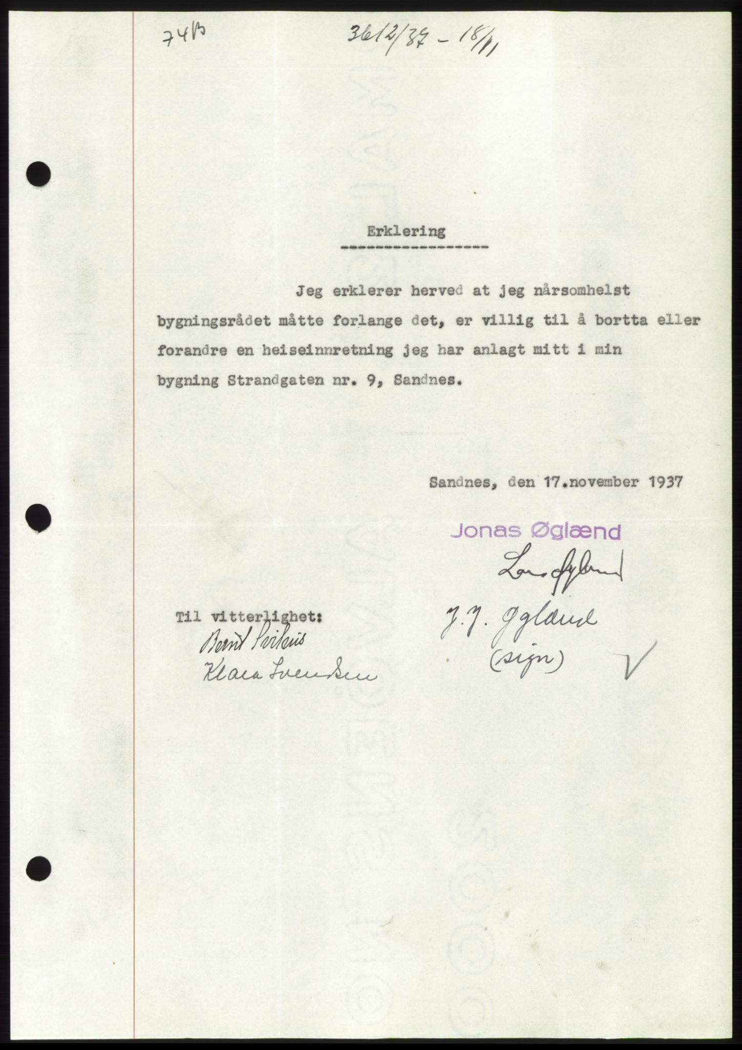 Jæren sorenskriveri, SAST/A-100310/03/G/Gba/L0069: Mortgage book, 1937-1937, Diary no: : 3612/1937