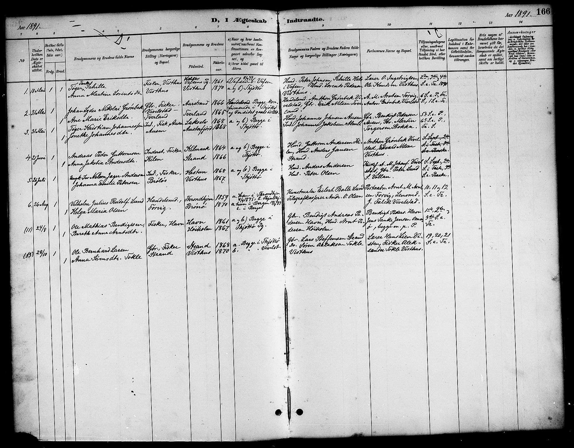 Ministerialprotokoller, klokkerbøker og fødselsregistre - Nordland, SAT/A-1459/819/L0277: Parish register (copy) no. 819C03, 1888-1917, p. 166