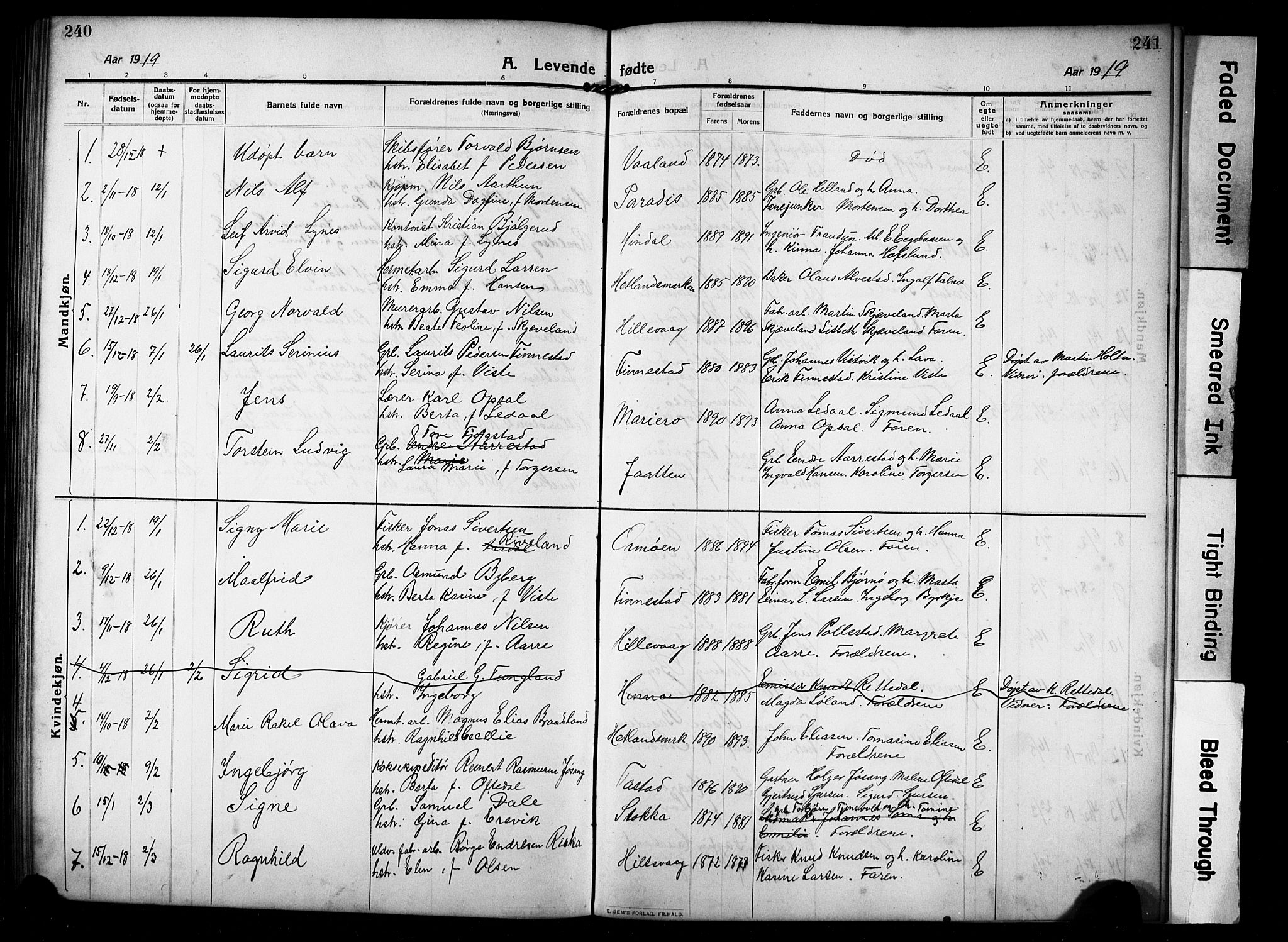 Hetland sokneprestkontor, SAST/A-101826/30/30BB/L0008: Parish register (copy) no. B 8, 1910-1921, p. 240-241