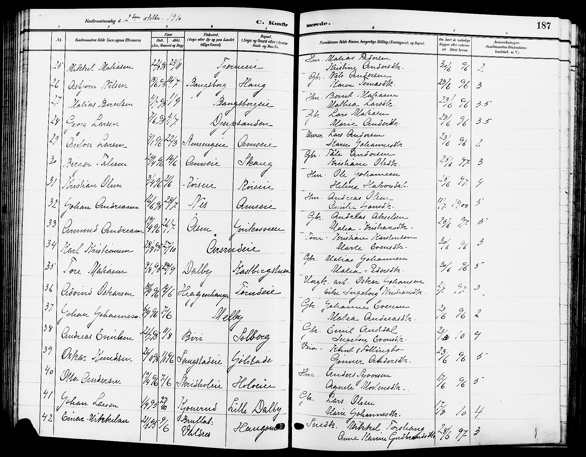Ringsaker prestekontor, AV/SAH-PREST-014/L/La/L0015: Parish register (copy) no. 15, 1903-1912, p. 187
