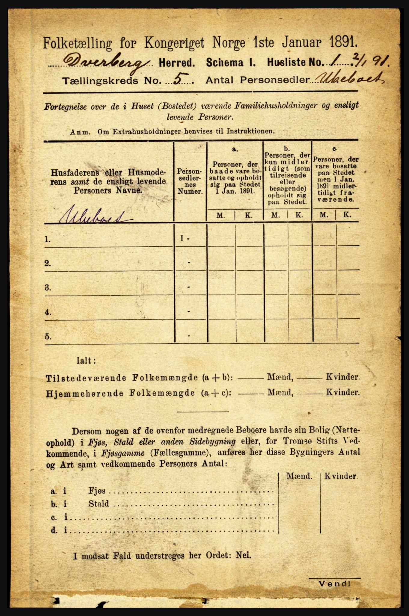 RA, 1891 census for 1872 Dverberg, 1891, p. 1479