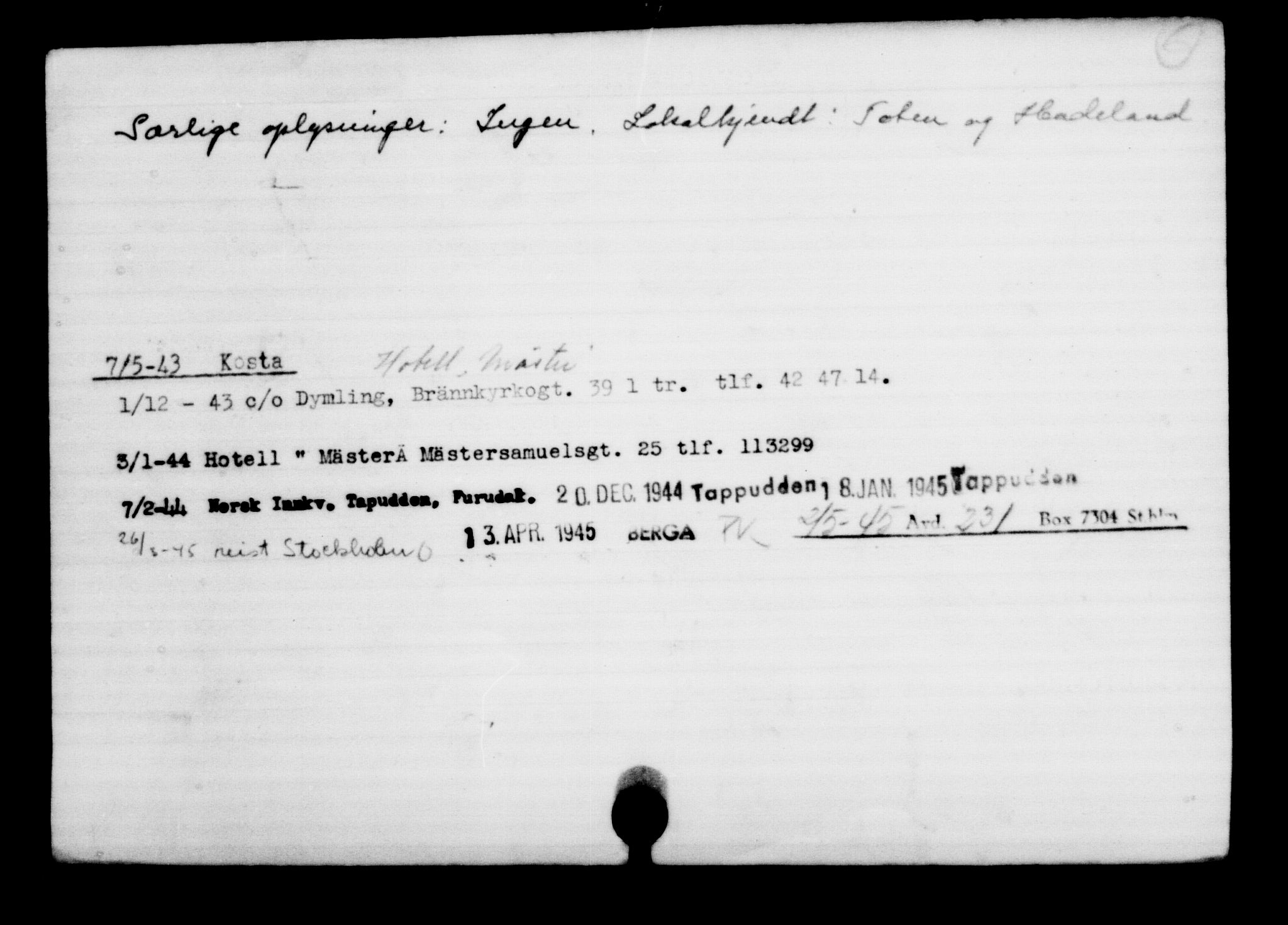 Utenriksstasjonene, Legasjonen i Stockholm, Flyktningkontoret, AV/RA-S-6753/V/Va/L0001: Kjesäterkartoteket, flyktninger med registreringsnr. 1-1000, 1940-1945, p. 1132