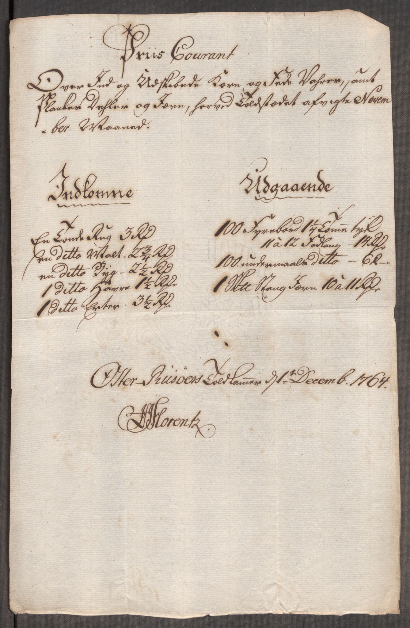 Rentekammeret inntil 1814, Realistisk ordnet avdeling, RA/EA-4070/Oe/L0008: [Ø1]: Priskuranter, 1764-1768, p. 206