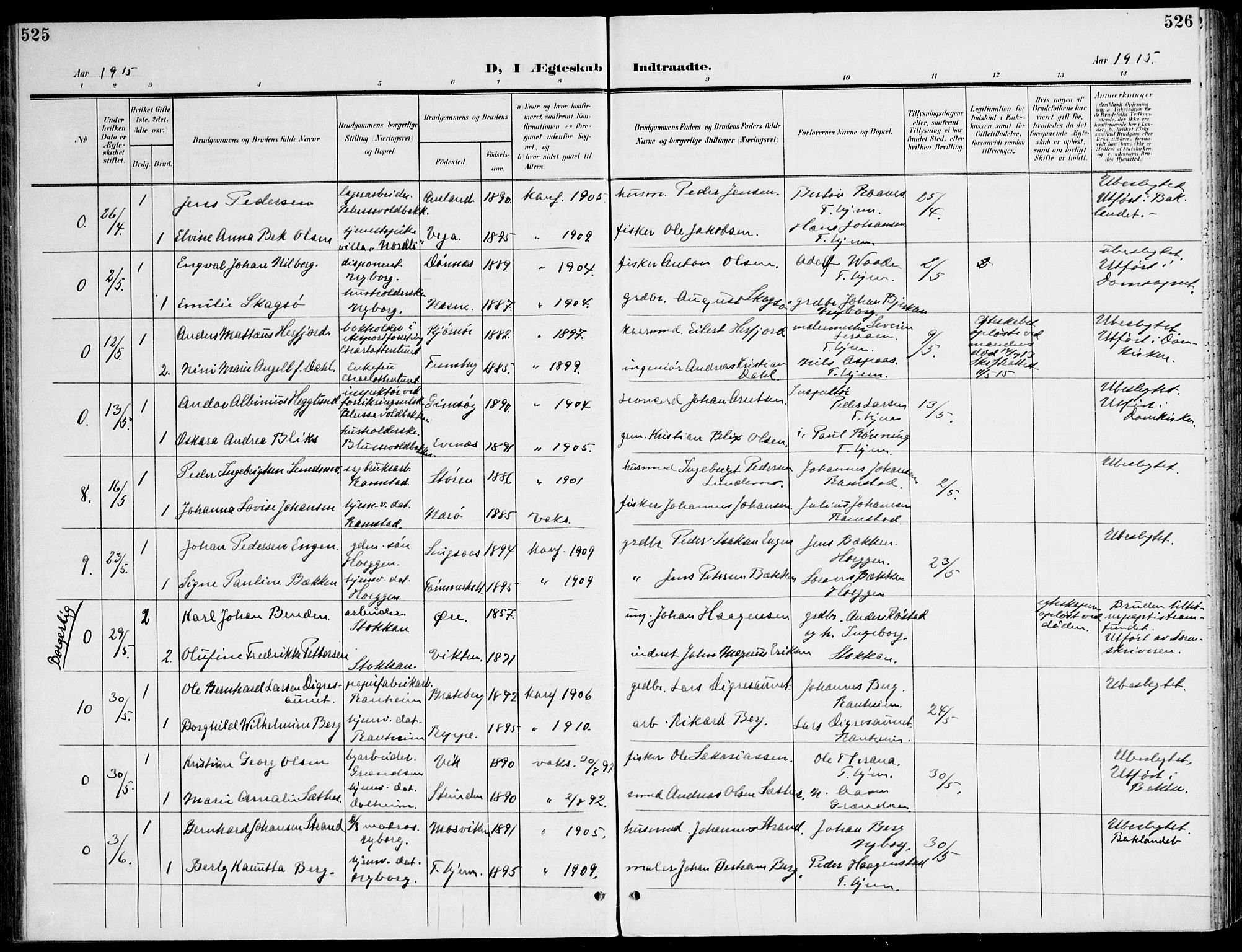 Ministerialprotokoller, klokkerbøker og fødselsregistre - Sør-Trøndelag, SAT/A-1456/607/L0320: Parish register (official) no. 607A04, 1907-1915, p. 525-526