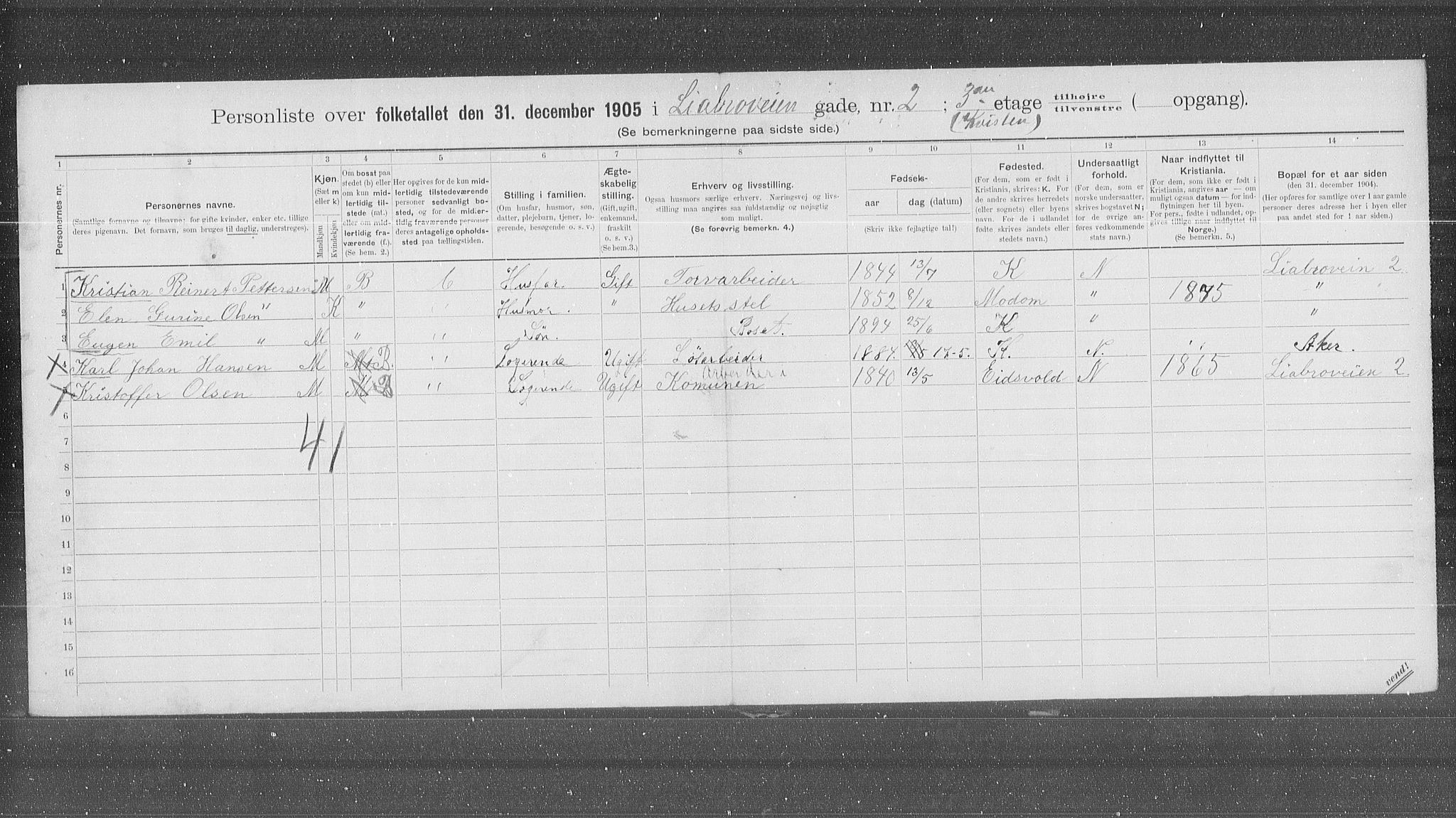 OBA, Municipal Census 1905 for Kristiania, 1905, p. 30374