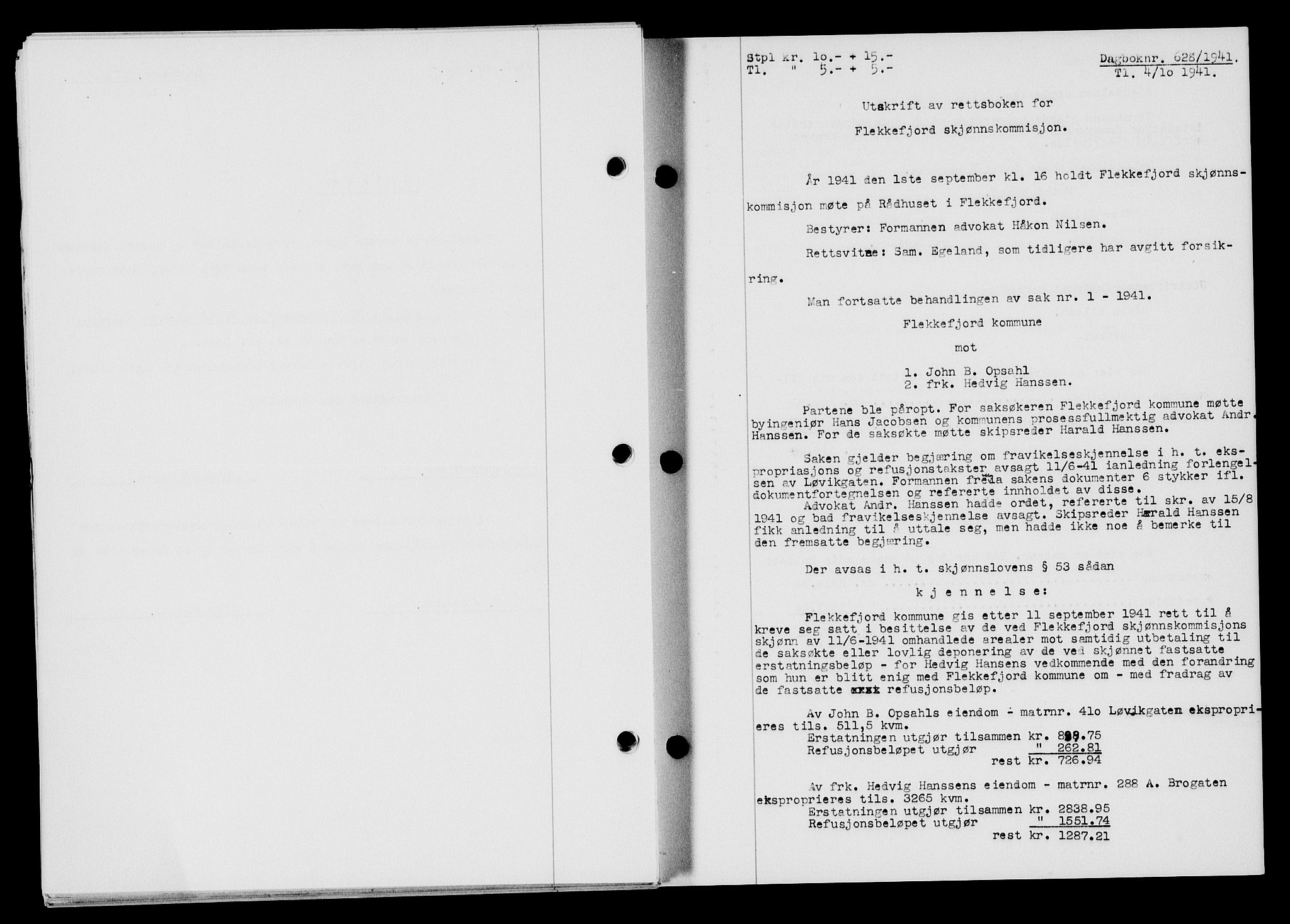 Flekkefjord sorenskriveri, AV/SAK-1221-0001/G/Gb/Gba/L0057: Mortgage book no. A-5, 1941-1942, Diary no: : 628/1941