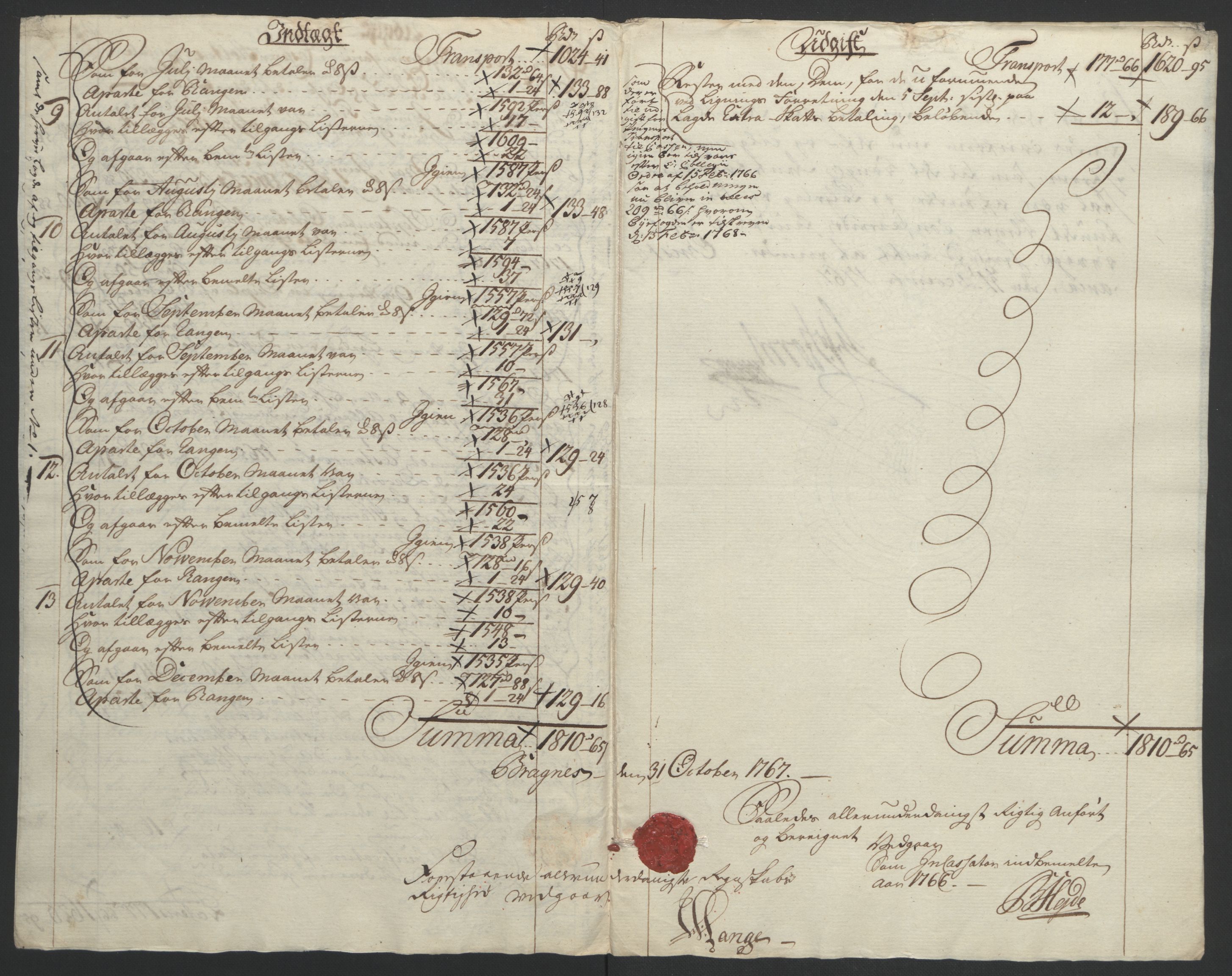 Rentekammeret inntil 1814, Reviderte regnskaper, Byregnskaper, AV/RA-EA-4066/R/Rf/L0119/0001: [F2] Kontribusjonsregnskap / Ekstraskatt, 1762-1767, p. 355